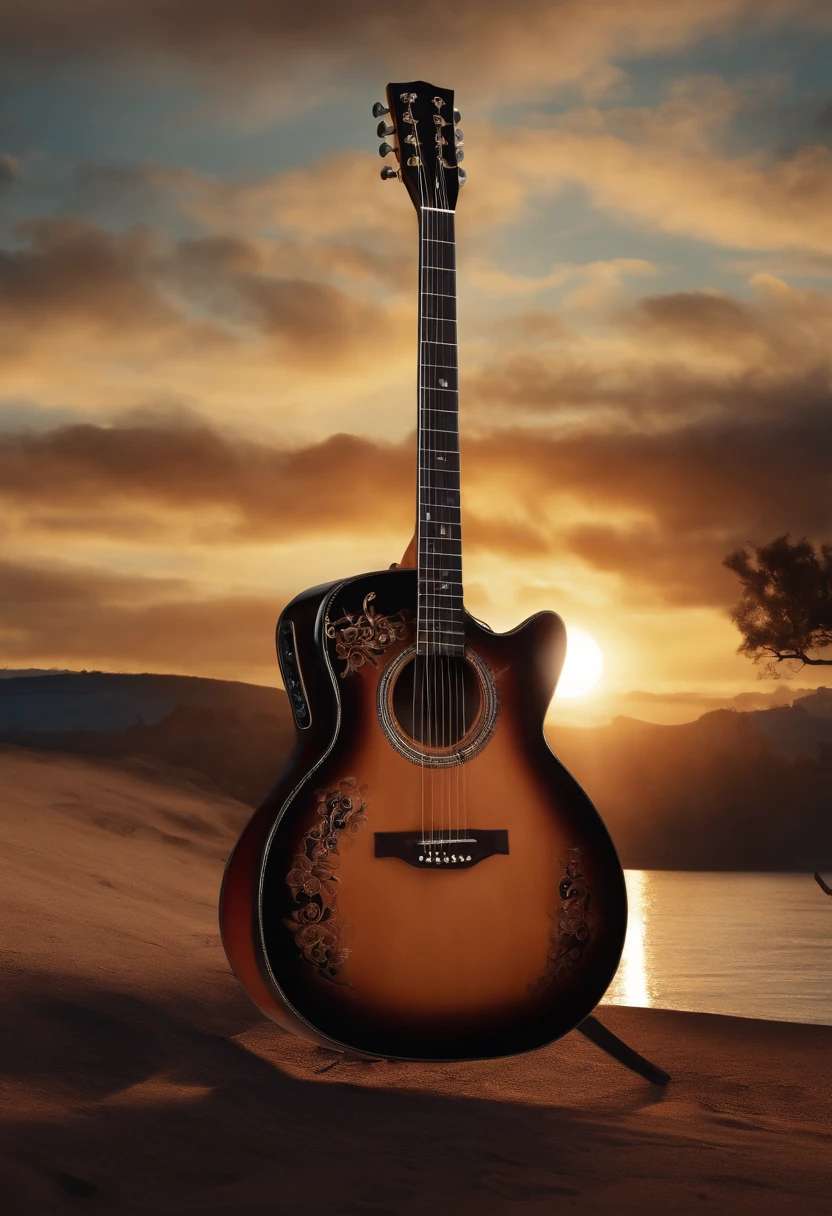 Create a realistic 3D guitar acustic, frontal, de cor amadeirado