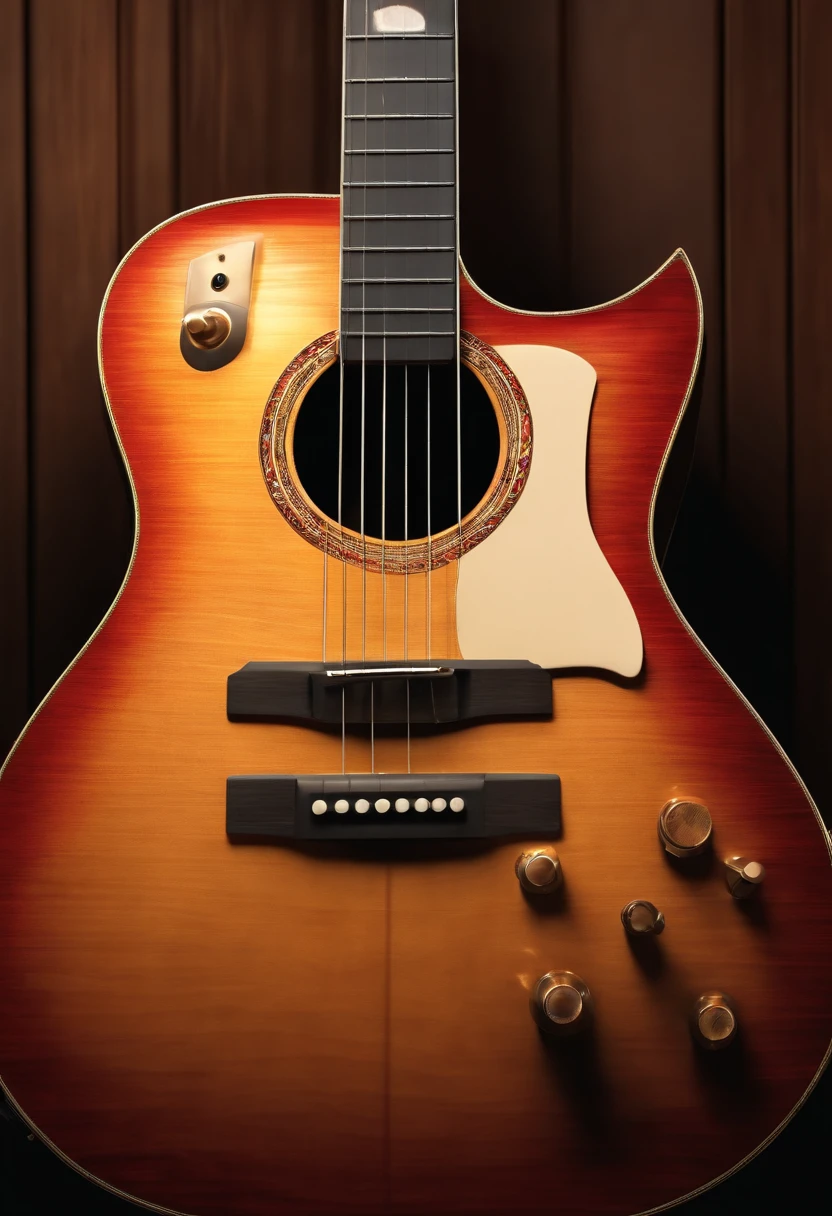 Create a realistic 3D guitar acustic, frontal, de cor amadeirado