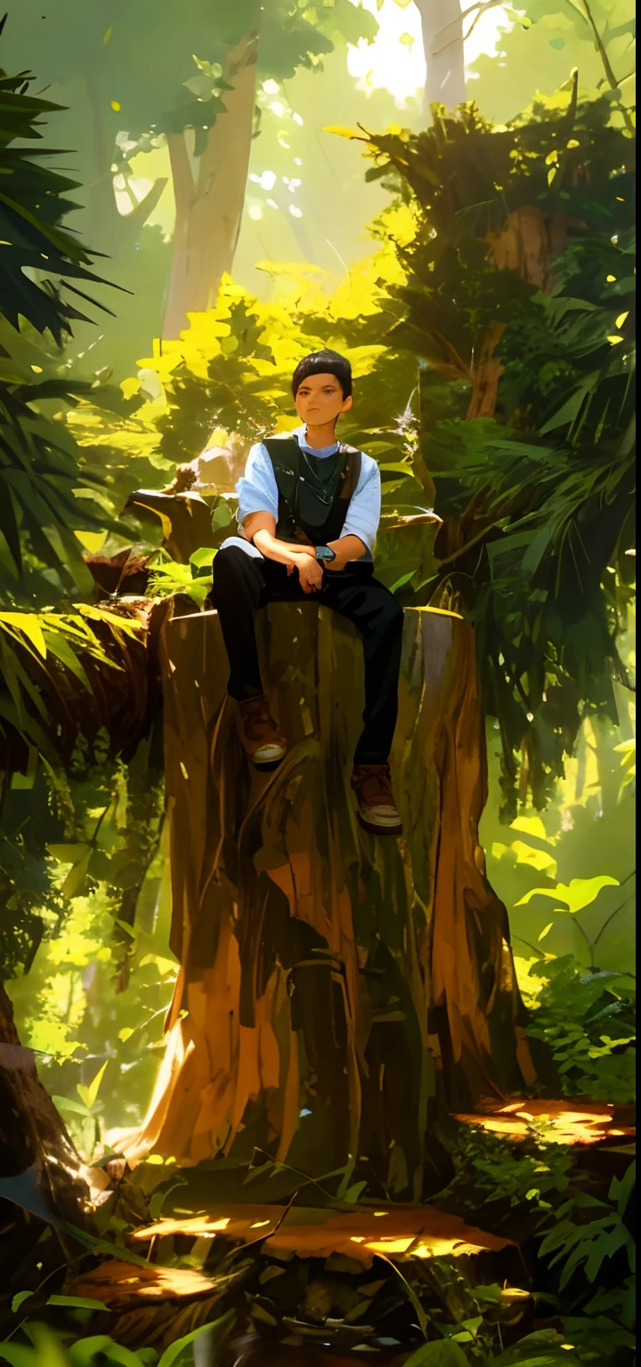 there is a man sitting on a tree stump in the woods, sitting on a tree, sitting on a log, with a tall tree, sitting in a tree, on a tree, with a cool pose, very artistic pose, amidst nature, doing a majestic pose, cool pose, in full growth, sitting on a stone throne, stylish pose, chilling
