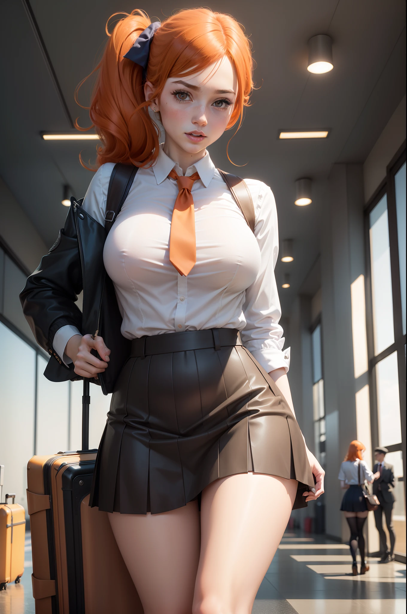 masterpiece, mid shot, arafly dressed woman with orange hair and a suitcase, a portrait inspired by Harriet Powers, trending on cg society, digital art, a hyperrealistic schoolgirl, hyperrealistic schoolgirl, dressed as schoolgirl, school girl, realistic schoolgirl, still from a live action movie, wearing skirt and high socks, promotional still, magical school student uniform, photo still, airport interior background, sexy, hyper sexual, revelando senos y nalgas, large breast, large ass, pies y manos extremadamente perfectos, ropa super transparente y entallada, pezones erectos extremely detailed, cameltoe