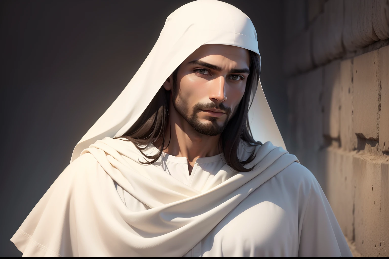 Jesus homem, loiro, com semblante de paz, sereno, white fabric on the head, roupa humilde, Como no tempo de Cristo