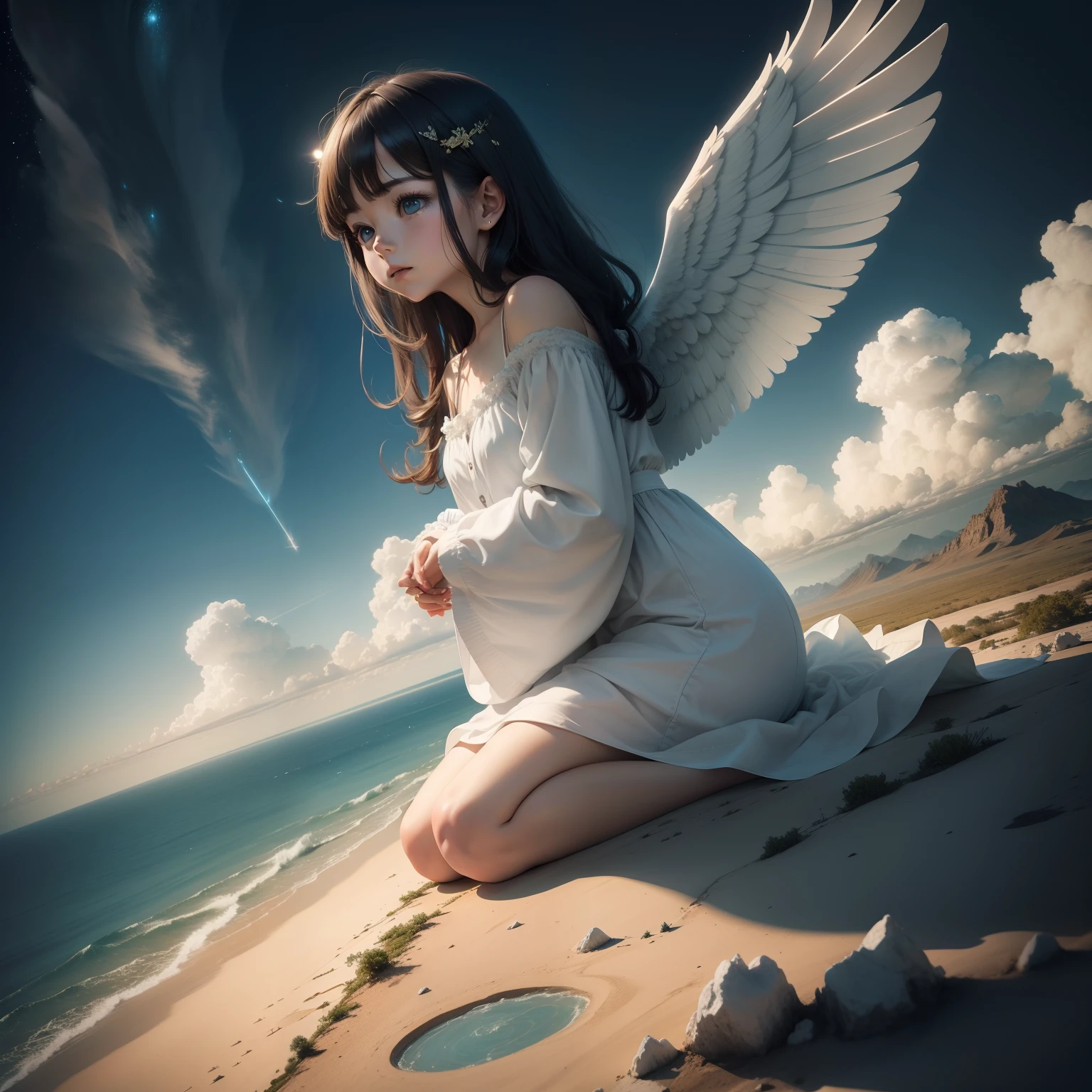 The sky parts, showing angels in Heaven looking down upon the Earth