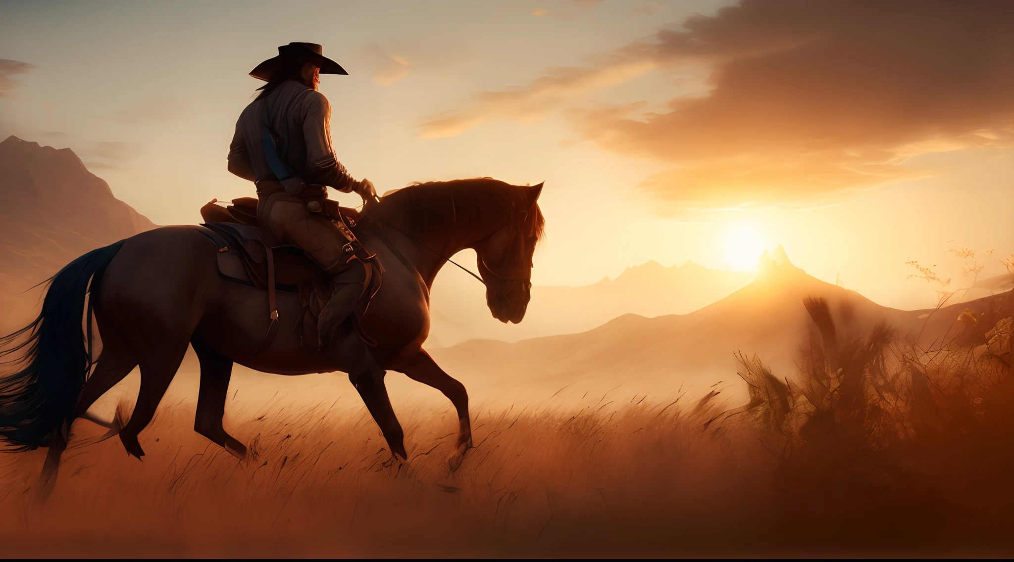 A cowboy who remembers John Marston from Red Dead Redemption is riding his horse in a beautiful western scenario, golden hour, sunset, wide-angle camera, dynamic composition, intricate details, high definition, high resolution, western environment