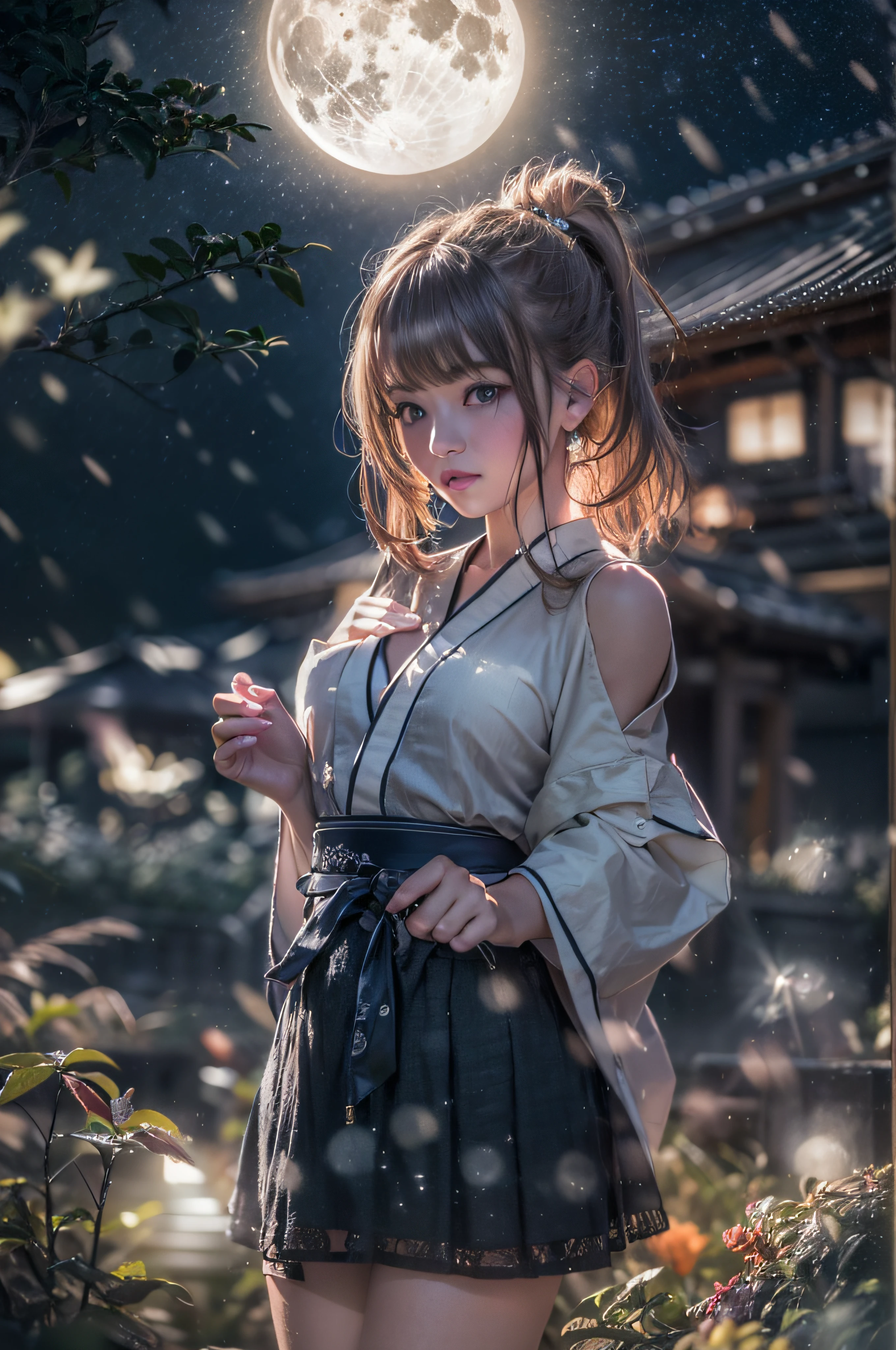 (8k, top quality, masterpiece: 1.2), (realistic, photorealistic: 1.37), super detail,one girl,beautiful face, full body, sexy body, wearing a short shiny kimono, mini skirt, wide angle of view, firefly garden, lots of small faint light and fireflies flying around, night, fullmoon,japanese style,
