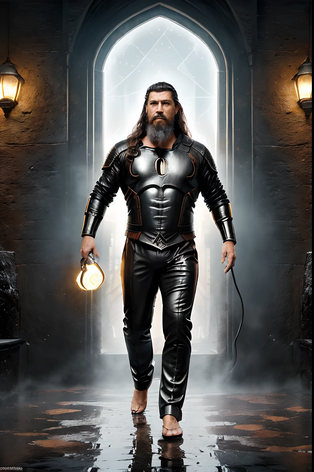 guttoepic2, (Professional 3D rendering:1.3) de (Realistic:1.3) Foto de arte mais bonita do mundo，Features soft, bright male heroes, ((Epic hero fantasy rough muscular man wet hero angry look long hair short beard WITH CROWN ON HEAD and fierce expression in dynamic pose, fantastic location, majestoso ambiente desordenado)), corpo inteiro 8k unidade render, action shot, poros da pele, very dark lighting, sombreamento pesado, circunstanciado, Rosto detalhado, (vibrante, fotogrdeia realista, Realistic, Dramatic, Escuro, foco nítido, 8k), (Old leather clothes damaged by bad weather:1.4), ((((Use peles)))), (intrincado:1.4), decadente, (altamente detalhado:1.4), pintura digital, rendering by octane, art stations, Conceito-Arte, liso, foco nítido, illustration, germe da arte, (Loish:0.23), Wlop Ilya Kuvshinov, e Greg Rutkowski e Alphonse Mucha Gracias, (global ilumination, studiolight, Light Volumetric), chuva forte, floating particles, patife, fantasia, Onze, corpo inteiroesbian, ((Fundo escuro e antigo da cidade:1.3)),CGSesociedade,art stations