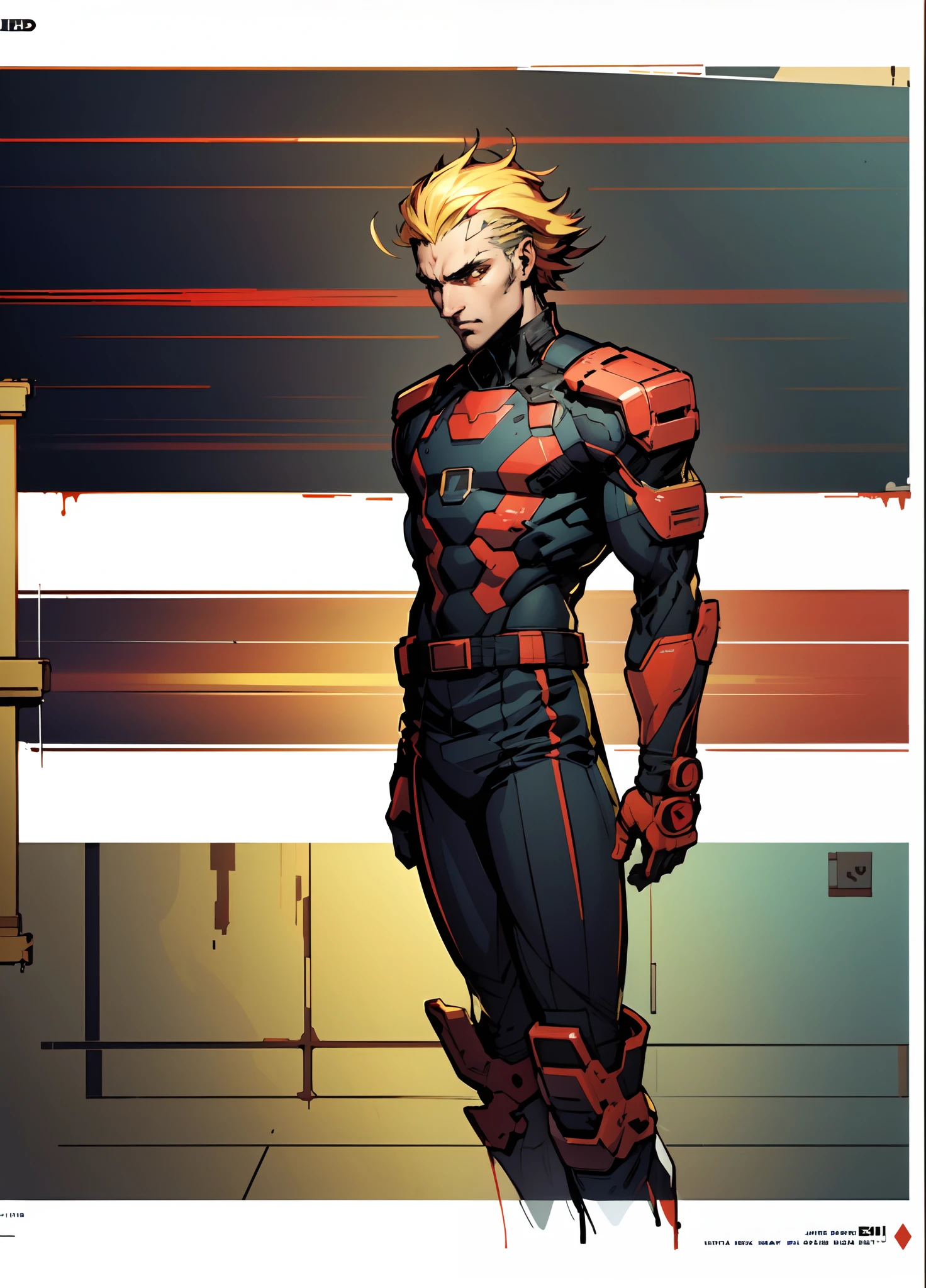 A man wearing a two-piece futuristic military uniform, exuding confidence with his cool gaze, The design features white and red as the main colors, complemented by yellow accents, It showcases a future sci-fi military officer style inspired by Japanese anime, with detailed character design and a mature artistic style, high definition, best quality, highres, ultra-detailed, ultra-fine painting, extremely delicate, professional, anatomically correct, symmetrical face, extremely detailed eyes and face, high quality eyes, creativity, RAW photo, UHD, 8k, Natural light, cinematic lighting, masterpiece:1.5