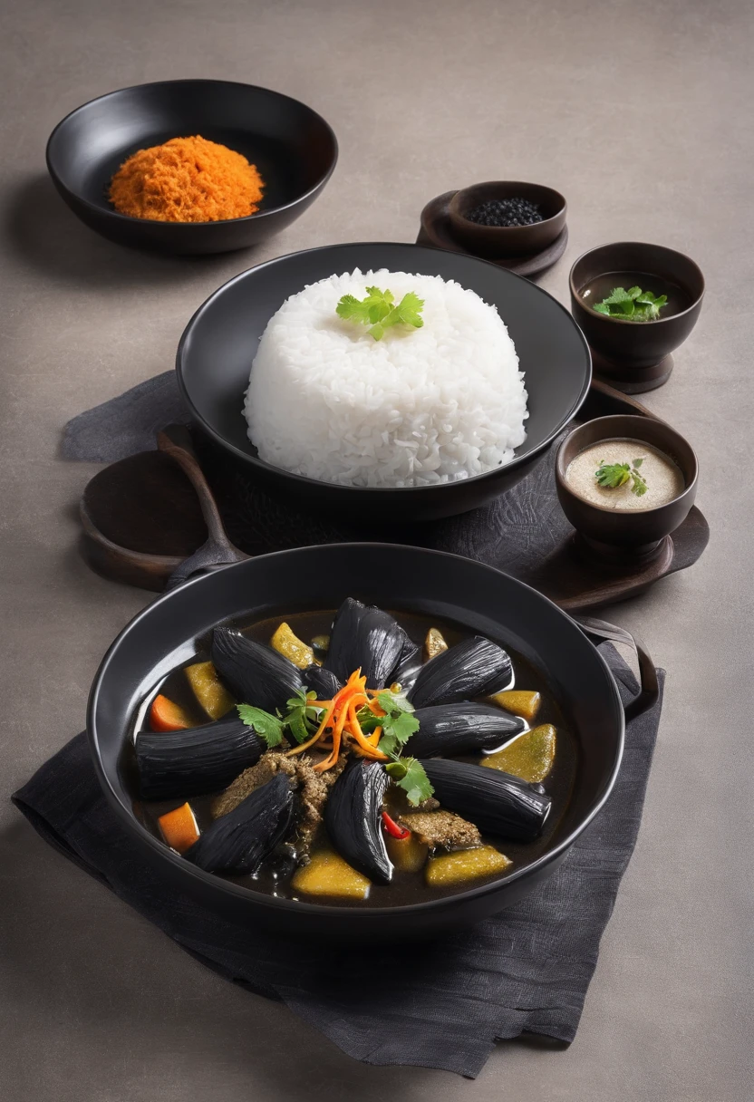 black curry and rice, white powder cheese