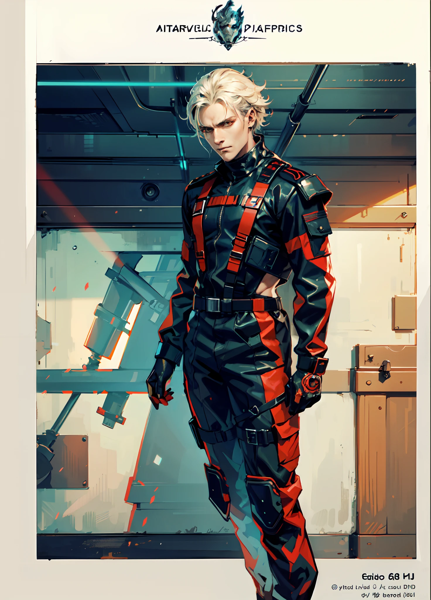 A man wearing a two-piece futuristic military uniform, exuding confidence with his cool gaze, The design features white and red as the main colors, complemented by yellow accents, It showcases a future sci-fi military officer style inspired by Japanese anime, with detailed character design and a mature artistic style, high definition, best quality, highres, ultra-detailed, ultra-fine painting, extremely delicate, professional, anatomically correct, symmetrical face, extremely detailed eyes and face, high quality eyes, creativity, RAW photo, UHD, 8k, Natural light, cinematic lighting, masterpiece:1.5