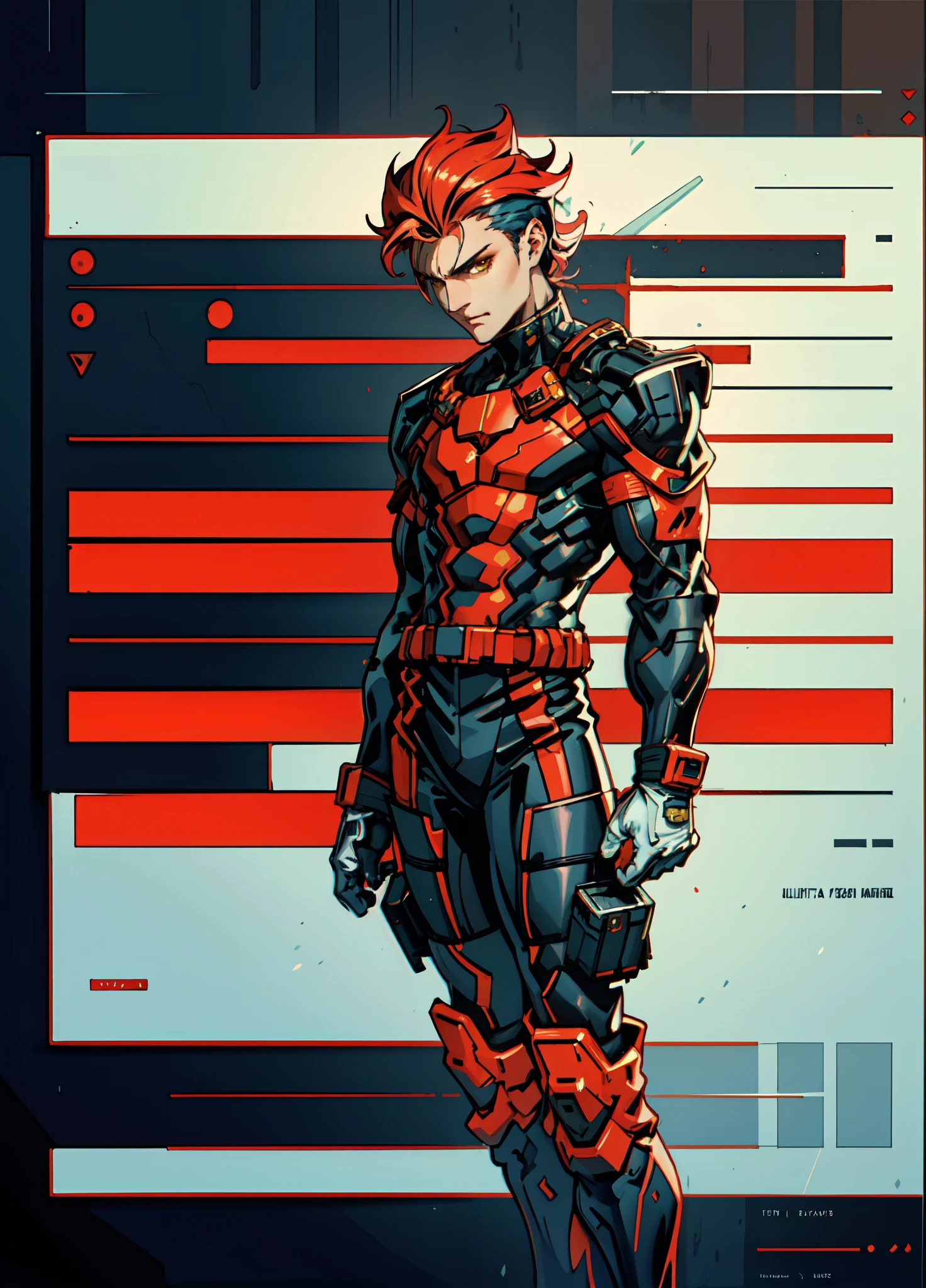 A man wearing a two-piece futuristic military uniform, exuding confidence with his cool gaze, The design features white and red as the main colors, complemented by yellow accents, It showcases a future sci-fi military officer style inspired by Japanese anime, with detailed character design and a mature artistic style, high definition, best quality, highres, ultra-detailed, ultra-fine painting, extremely delicate, professional, anatomically correct, symmetrical face, extremely detailed eyes and face, high quality eyes, creativity, RAW photo, UHD, 8k, Natural light, cinematic lighting, masterpiece:1.5