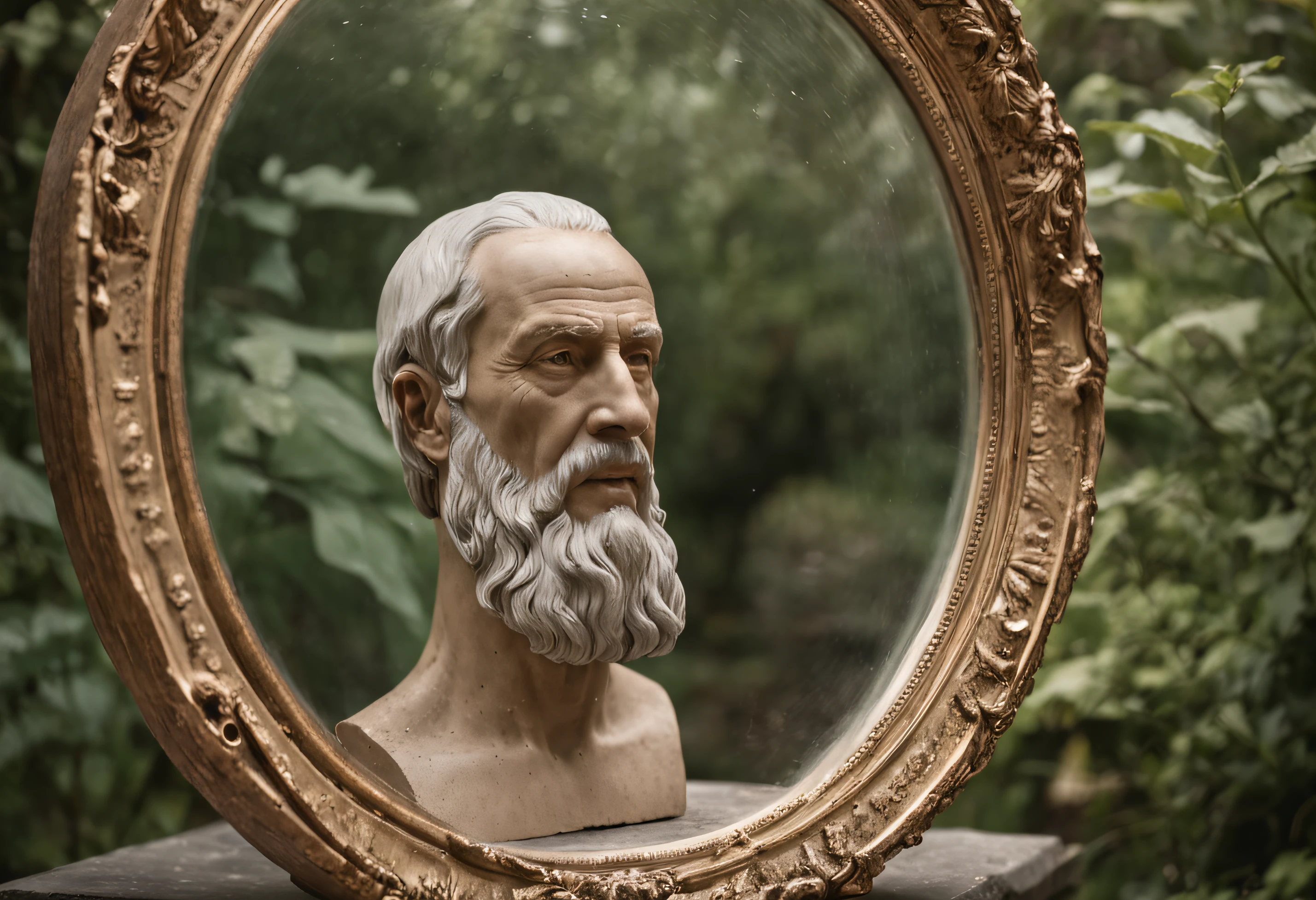 an image depicting Seneca in a peaceful garden, surrounded by antique mirrors. He is looking at his own reflection, symbolizing the importance of self-awareness and self-evaluation in Stoic philosophy. Each mirror represents a different facet of your personality and knowledge. The scene evokes the idea that looking inside yourself is the first step towards achieving inner peace.