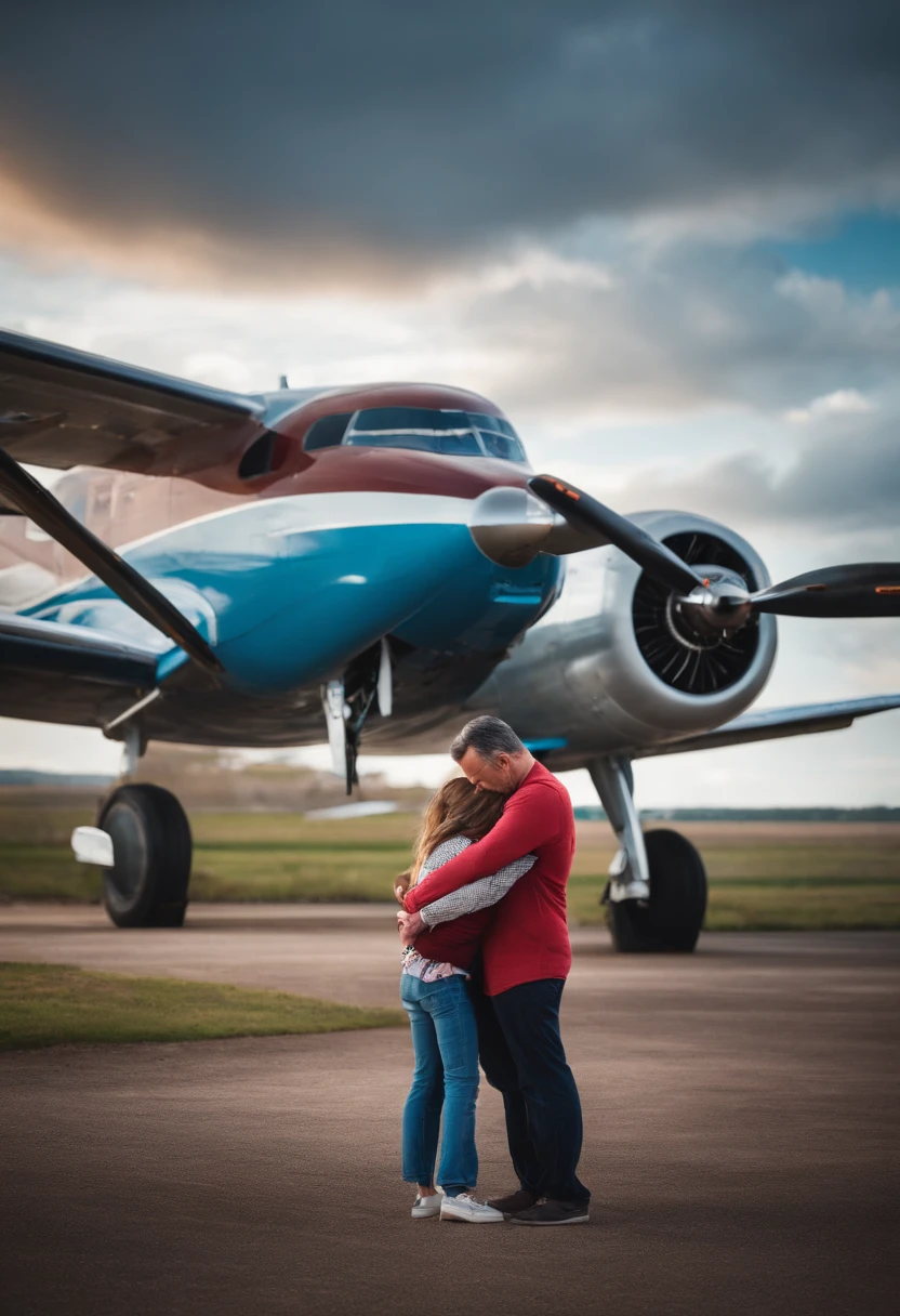 Father and daughter hugging with airplane behind them