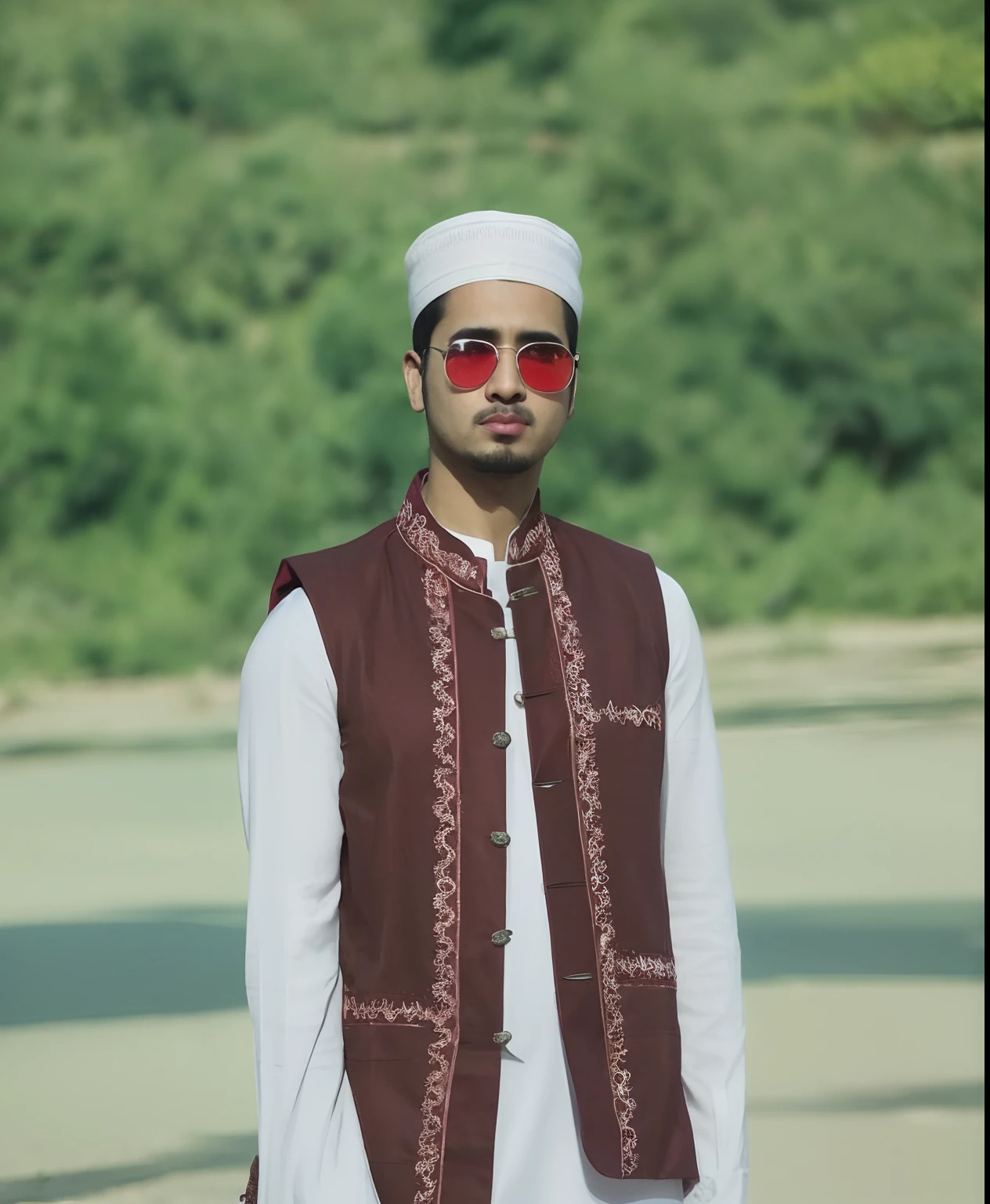 araffe dressed in a white shirt and maroon vest and sunglasses, wearing traditional garb, wearing a kurta, traditional clothes, riyahd cassiem, ash thorp khyzyl saleem, khyzyl saleem, wearing authentic attire, kyza saleem, traditional clothing, mohamed chahin style, assamese aesthetic, profile pic