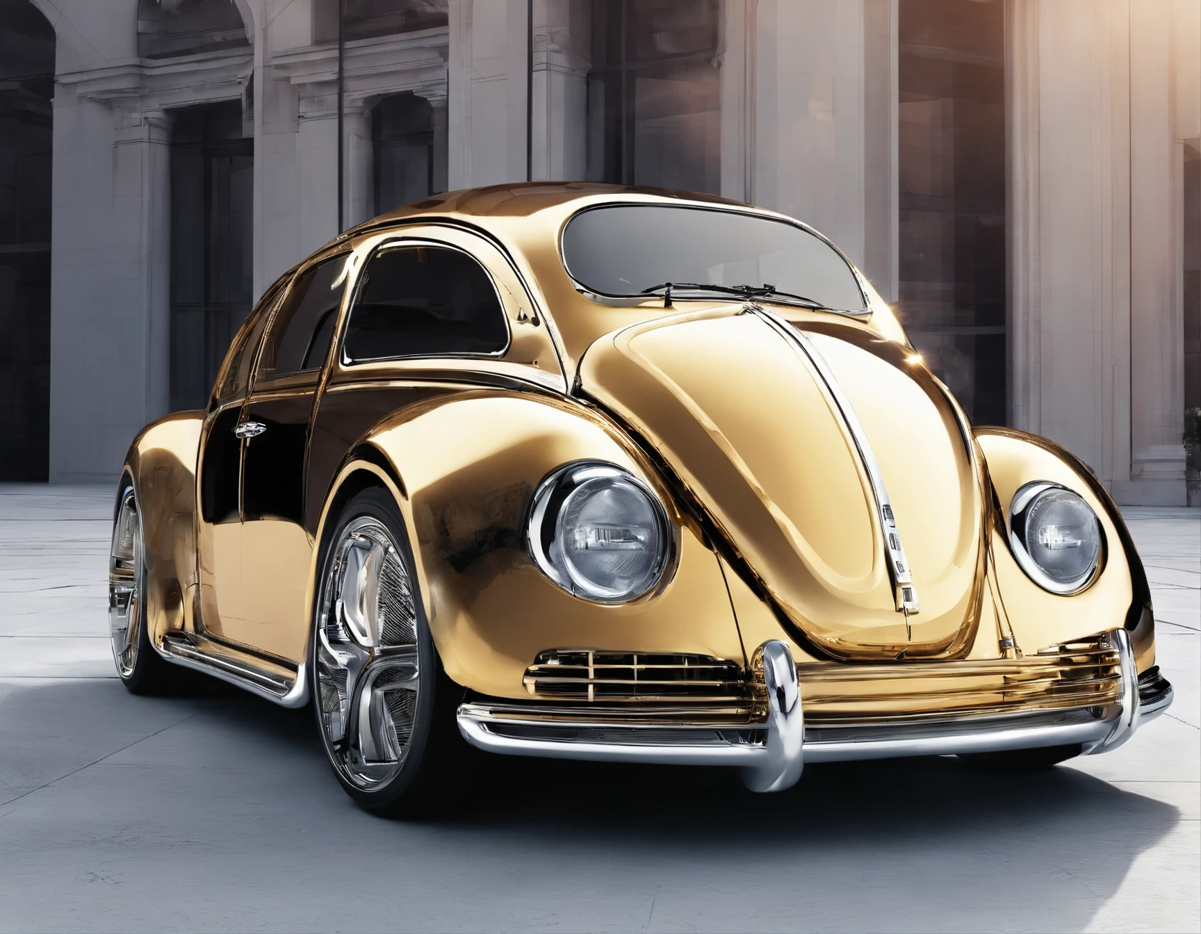 Um Fusca(carro) dourado numa cidade futurista