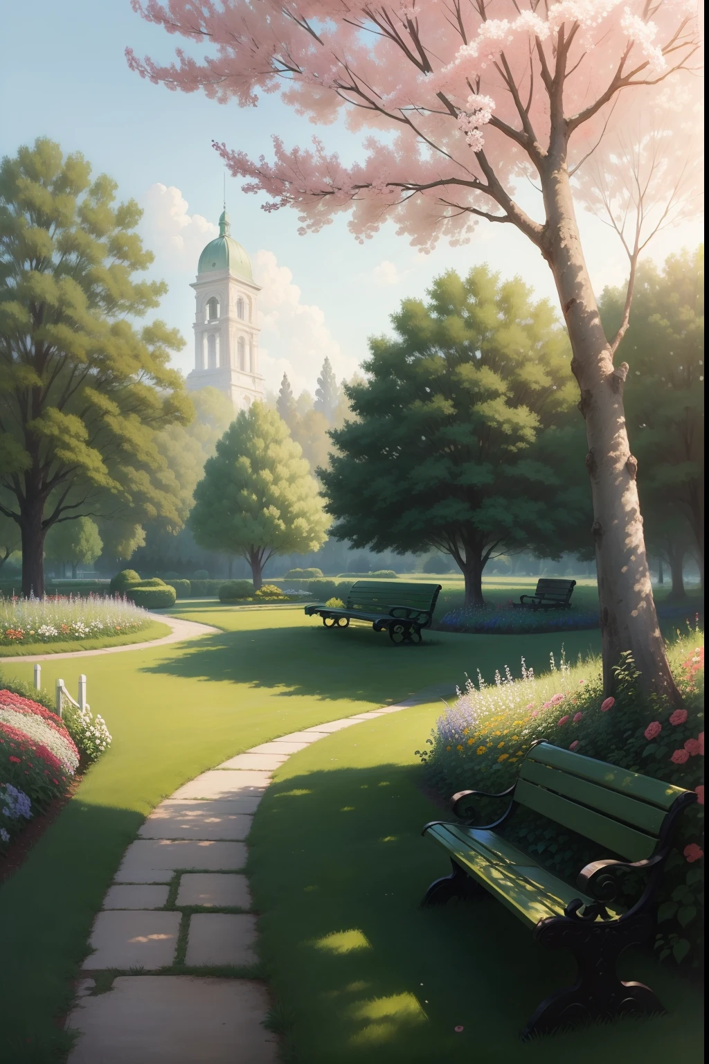 A painting of a summer landscape, green trees and flowers, with a park bench in a garden of flowers, midday light.