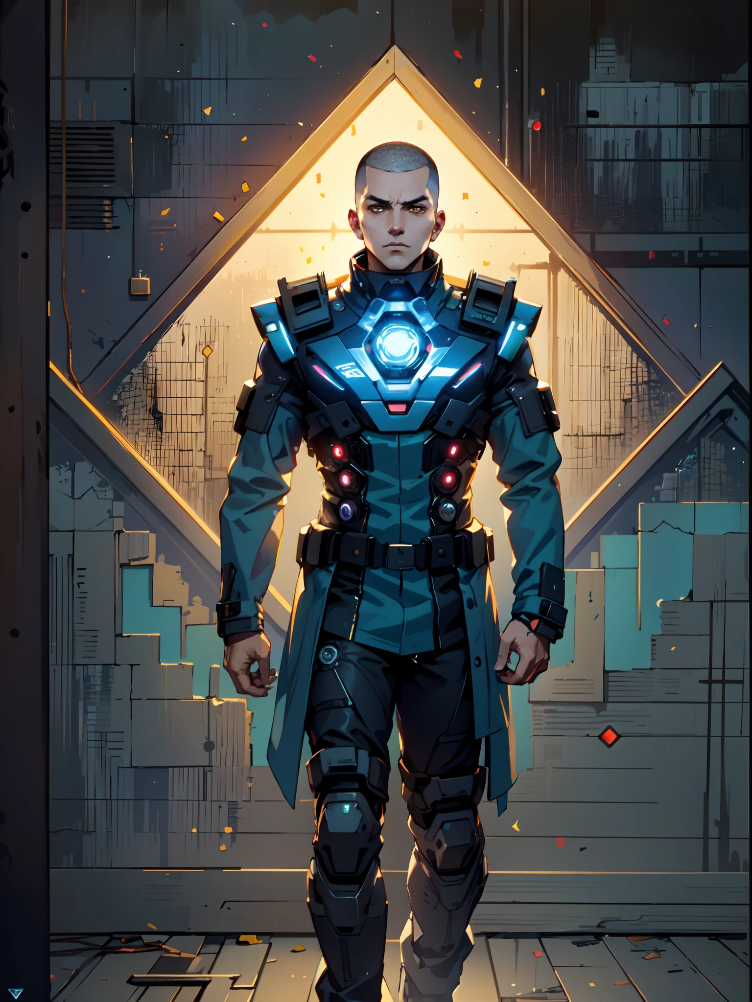 A man with a crew cut hairstyle, wearing a futuristic researcher's coat, His expressionless face conceals a wise gaze, The design features white as the primary color, with blue and purple accents, It showcases a futuristic sci-fi scientist style inspired by Japanese anime, with intricately detailed character design and a mature artistic style, high definition, best quality, highres, ultra-detailed, ultra-fine painting, extremely delicate, professional, anatomically correct, symmetrical face, extremely detailed eyes and face, high quality eyes, creativity, RAW photo, UHD, 8k, Natural light, cinematic lighting, masterpiece:1.5