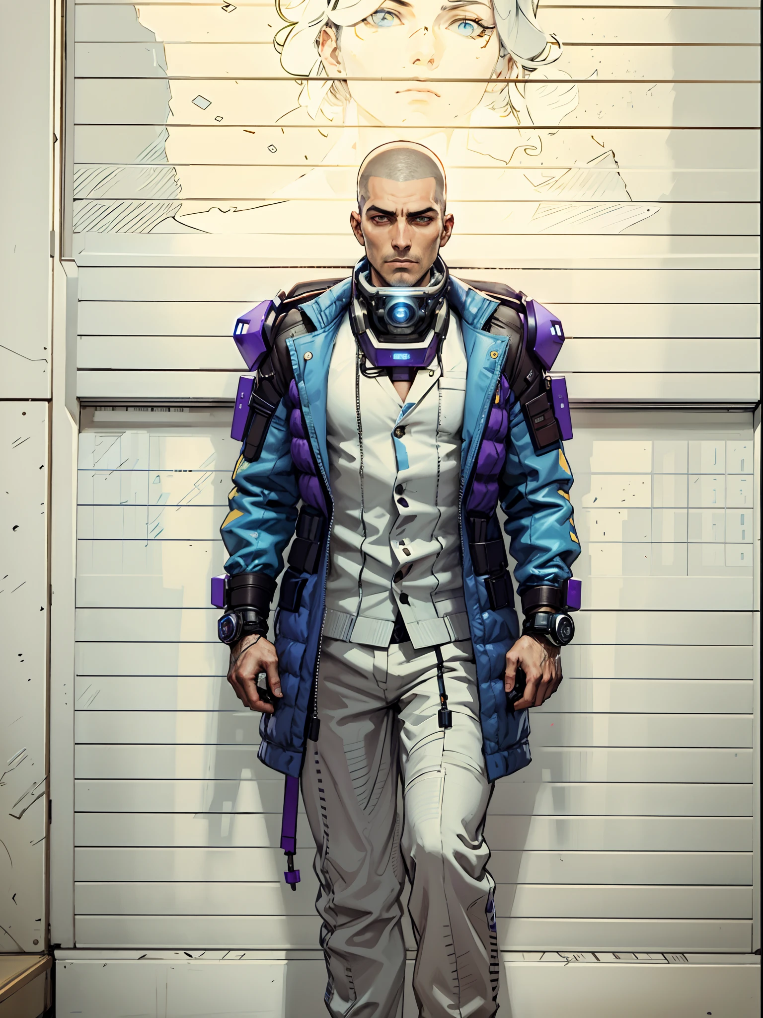 A man with a crew cut hairstyle, wearing a futuristic researcher's coat, His expressionless face conceals a wise gaze, The design features white as the primary color, with blue and purple accents, It showcases a futuristic sci-fi scientist style inspired by Japanese anime, with intricately detailed character design and a mature artistic style, high definition, best quality, highres, ultra-detailed, ultra-fine painting, extremely delicate, professional, anatomically correct, symmetrical face, extremely detailed eyes and face, high quality eyes, creativity, RAW photo, UHD, 8k, Natural light, cinematic lighting, masterpiece:1.5