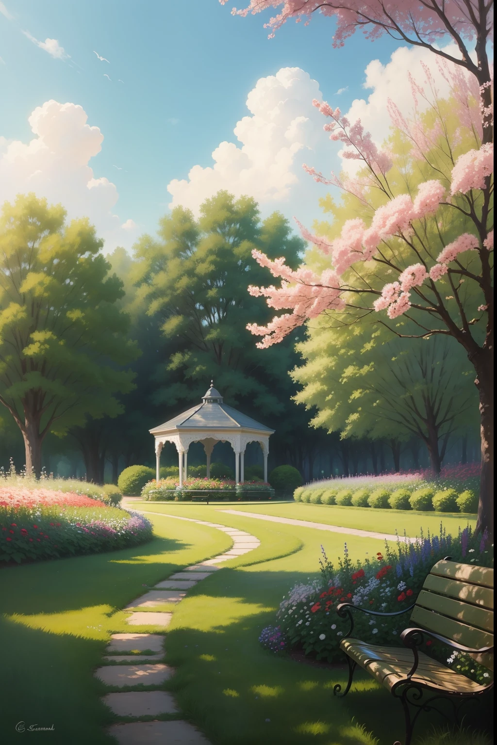 A painting of a summer landscape, green trees and flowers, with a park bench in a garden of flowers, midday light.
