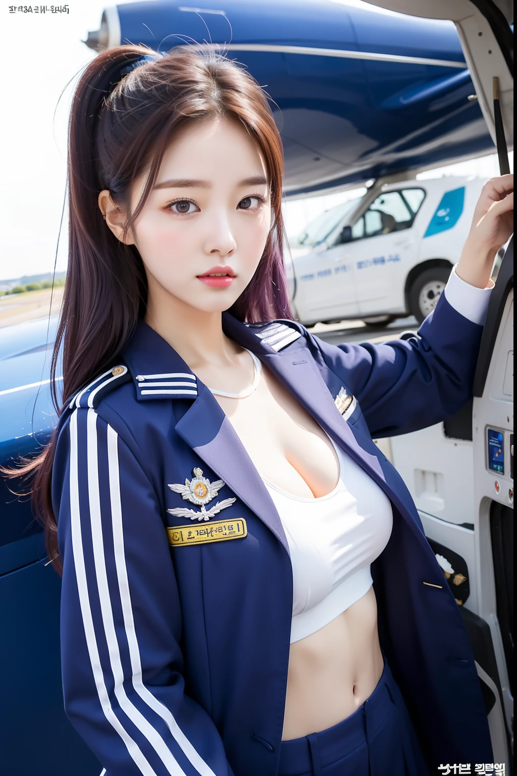 arafed asian woman in a blue and white uniform standing in front of a plane, cute pilot girl, korean girl, jaeyeon nam, beautiful south korean woman, cute girl wearing tank suit, pilot girl, taejune kim, korean woman, heonhwa choe, gorgeous young korean woman, girl with warship parts, wearing dirty ripped flight suit, beautiful south korean woman, korean girl, beautiful young korean woman, korean woman, heonhwa choe, korean women's fashion model, sexy look, big breast, sexy pose, show breast, light purple hair