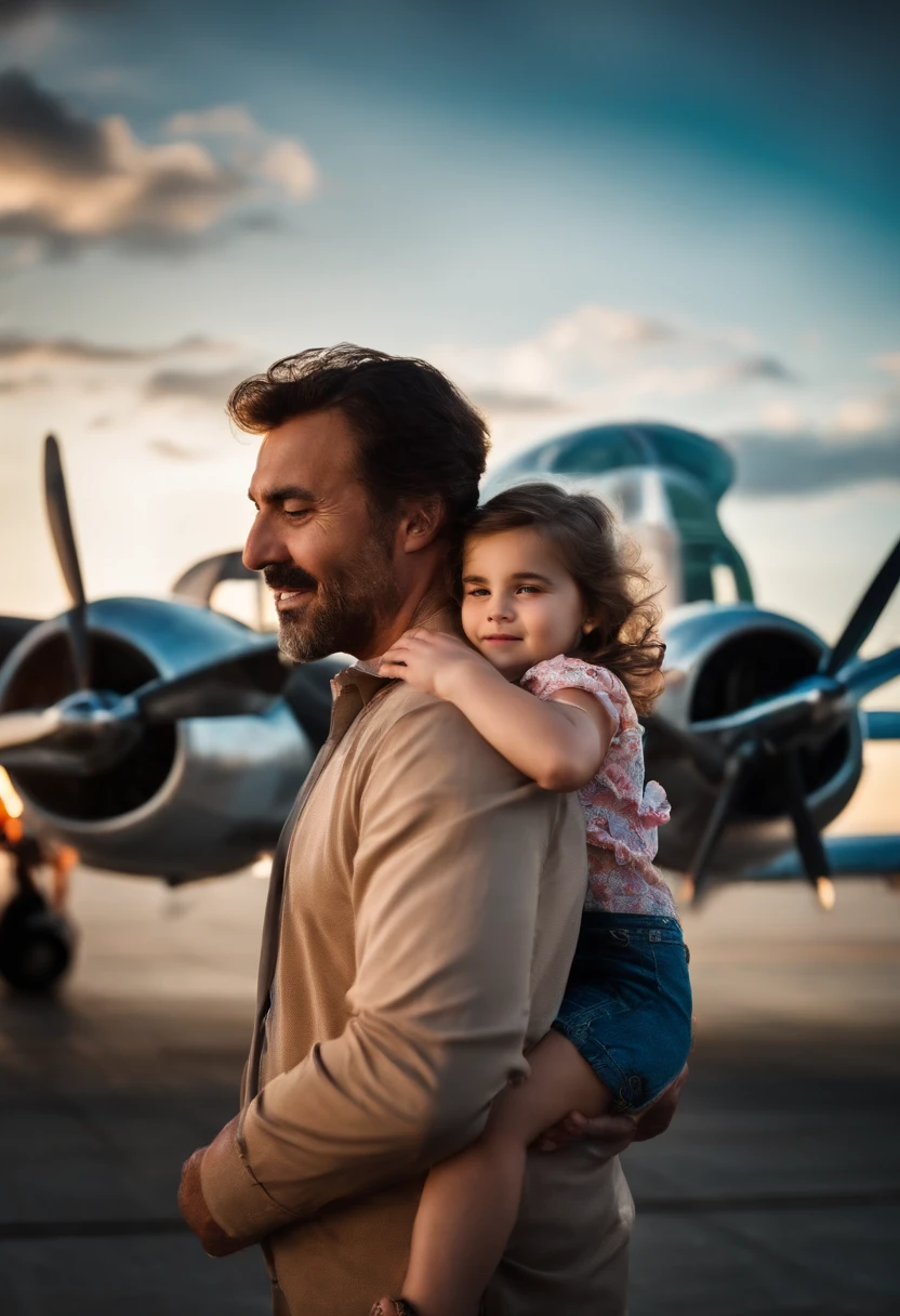 Father and daughter hugging with airplane behind them