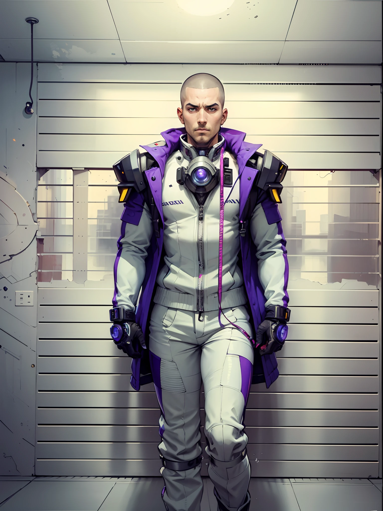 A man with a crew cut hairstyle, wearing a futuristic researcher's coat, His expressionless face conceals a wise gaze, The design features white as the primary color, with blue and purple accents, It showcases a futuristic sci-fi scientist style inspired by Japanese anime, with intricately detailed character design and a mature artistic style, high definition, best quality, highres, ultra-detailed, ultra-fine painting, extremely delicate, professional, anatomically correct, symmetrical face, extremely detailed eyes and face, high quality eyes, creativity, RAW photo, UHD, 8k, Natural light, cinematic lighting, masterpiece:1.5
