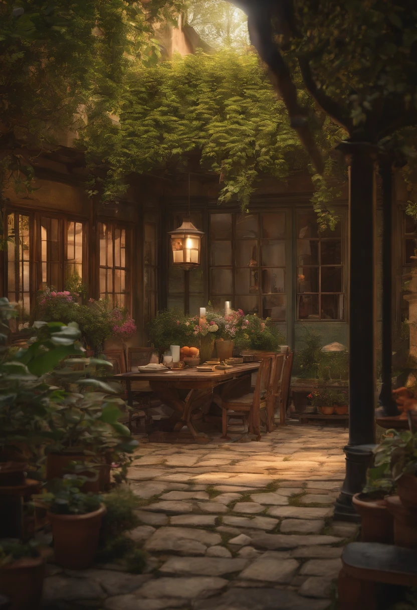 painting of a courtyard with a table and chairs and a bench, anime background art, relaxing concept art, anime scenery concept art, immensely detailed scene, a beautiful artwork illustration, detailed scenery —width 672, studio ghibli environment, highly detailed scene, environment design illustration, beautiful anime scene, ghibli studio style, anime scenery, detailed soft painting, environment painting