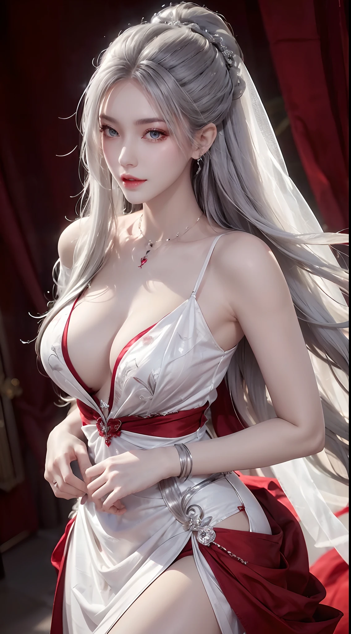 Photorealistic, high resolution, 1 woman, Hips up, Beautiful eyes, White hair, Long hair, ringed eyes, jewelry, tattoo, wedding dress, red dress