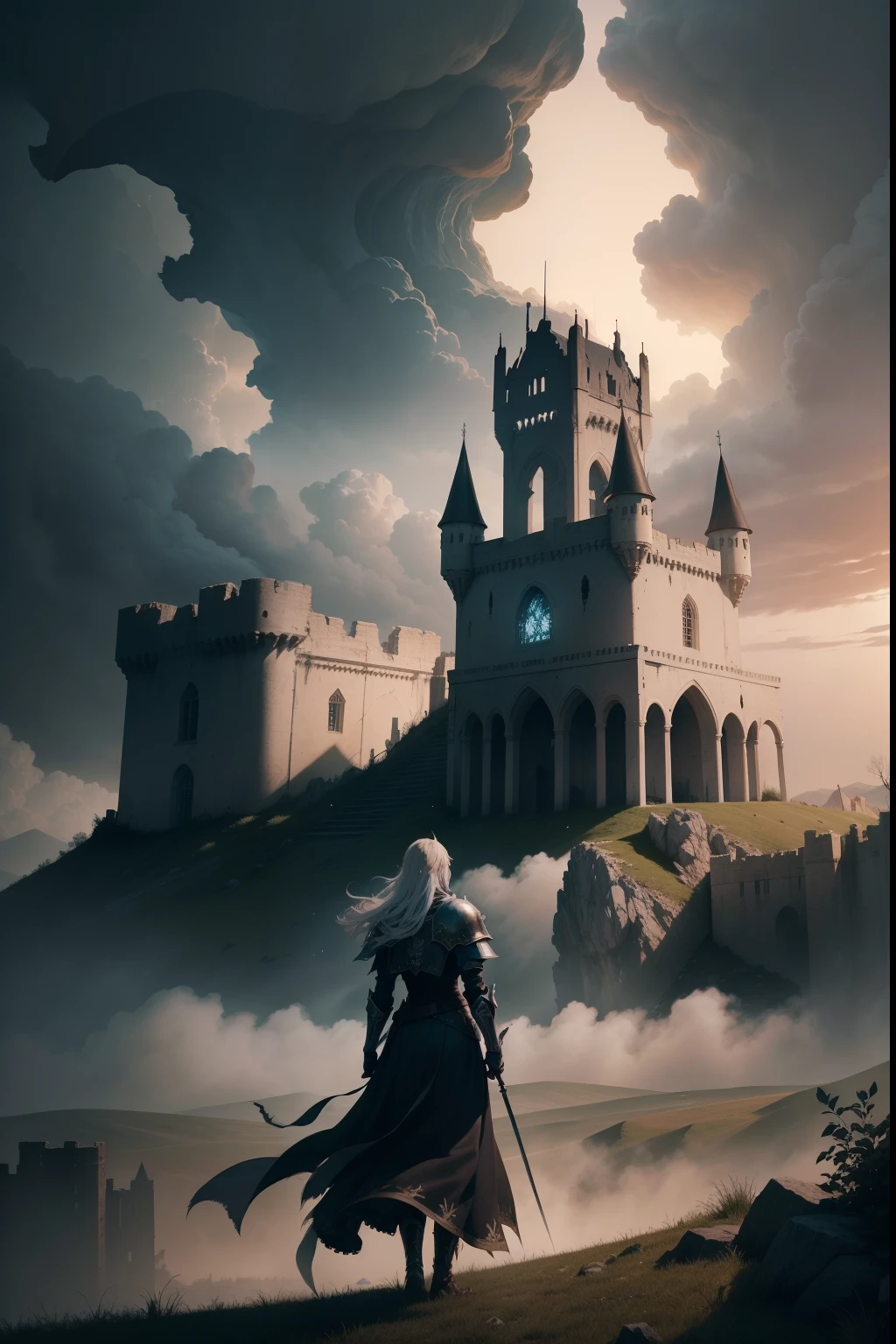 Craft a captivating illustration featuring the Knights of the Silver Cross, spectral figures in ghostly armor, standing on a hill and gazing solemnly at a distant, ruined castle. The castle should be engulfed in flames, with towering plumes of smoke billowing into the sky. The ground around the knights should be littered with burned banners and discarded swords, the remnants of a fierce battle. Capture the spectral knights' sense of loss and duty as they survey the destruction below, their presence shrouded in an aura of mysticism and solemnity