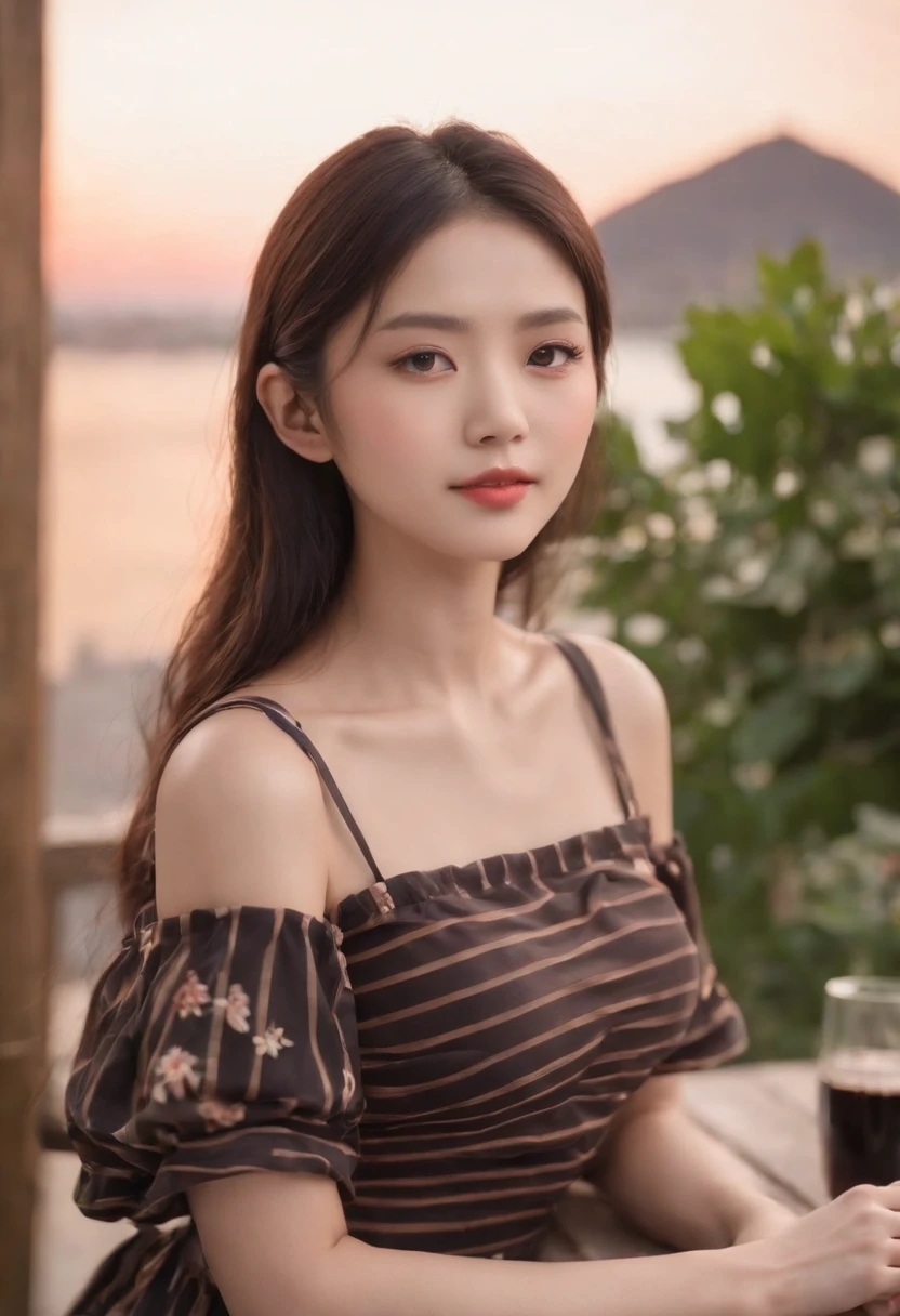 A Japanese Lady、light skinned, Women around 19 years old, Natural black hair, 　characteristic dark brown eyes,,,, Wearing a striped jersey, slender and graceful,,,,, Beautiful, Sunset sky, Ultra Sharp Focus, realistic shot, Athletic wear with vertical stripes、a black skirt、Tetradic color、
Restaurant decorated with flowers, Cafe on the open terrace,Pastel signs、European Way,In front of the store、top-quality