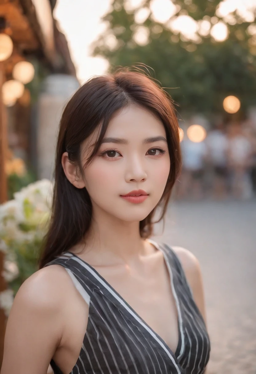A Japanese Lady、light skinned, Women around 19 years old, Natural black hair, characteristic dark brown eyes,,,, Wearing a striped jersey, slender and graceful,,,,, Beautiful, Sunset sky, Ultra Sharp Focus, realistic shot, Athletic wear with vertical stripes、a black skirt、Tetradic color、
Restaurant decorated with flowers, Cafe on the open terrace,Pastel signs、European Way,In front of the store、top-quality