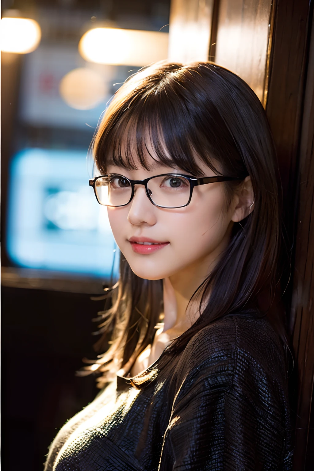 (8K、Raw photography、top-quality、​masterpiece:1.2)、(realisitic、Photorealsitic:1.37)、ultra-detailliert、超A high resolution、女の子1人、see the beholder、beautifull detailed face、A smile with a little visible teeth、Constriction、(Slim waist) :1.3)、((Cute pajamas))、pastel clothing、Beautiful detailed skin、Skin Texture、Floating hair、((fluffy hairstyle))、large breasts with good shape、Professional Lighting、autumn night、Bedroom、((Black square glasses ))、Whole human body、Black hair、((Shameful appearance))、Pay attention to your audience、