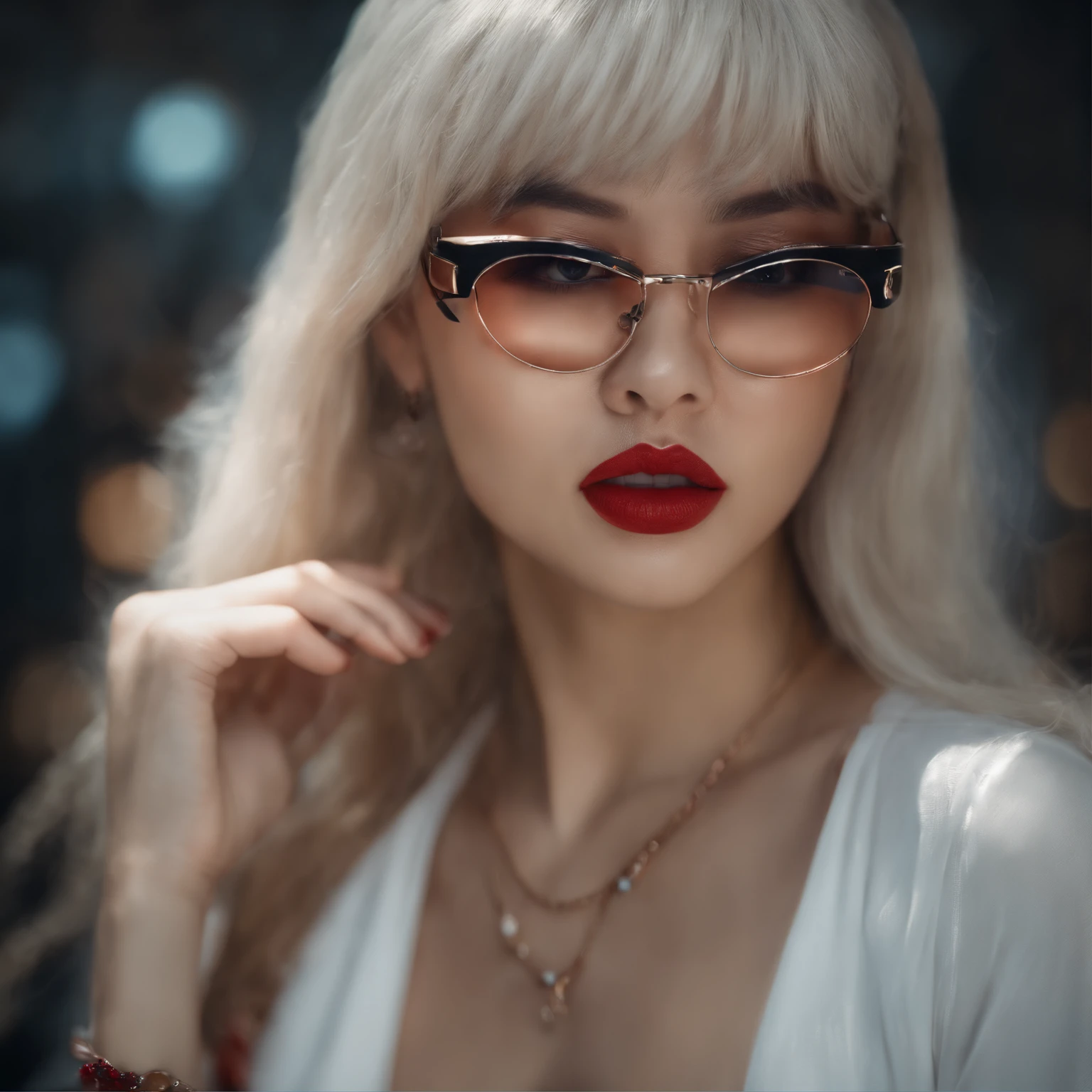 (8K, Raw photo, Best Quality, masutepiece:1.4),Realistic,(lips closed)1girl in, eyewear on head, Solo, Heterochromia, small tits, Blue eyes, Looking at Viewer, Sunglasses, Jewelry, Red Eyes, earrings, White hair, Lips, Upper body, Hair Ornament, hair between eye, Bare shoulders, Red lips, Large breasts, Ponytail, neon light, Closed mouth, Bangs,<lola:Asian Girl Face V2:0.75