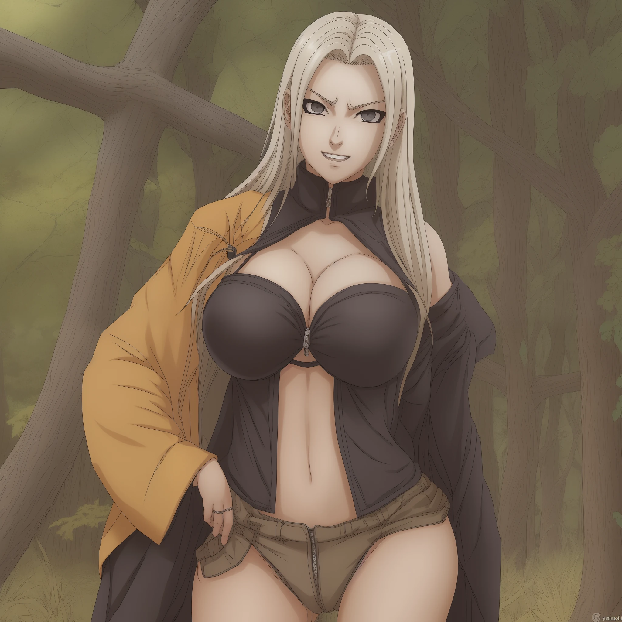 Naruto fusion with Orochimaru, sexy, smiling, looking to you, sexy suit, big breast, thighs high, mature women