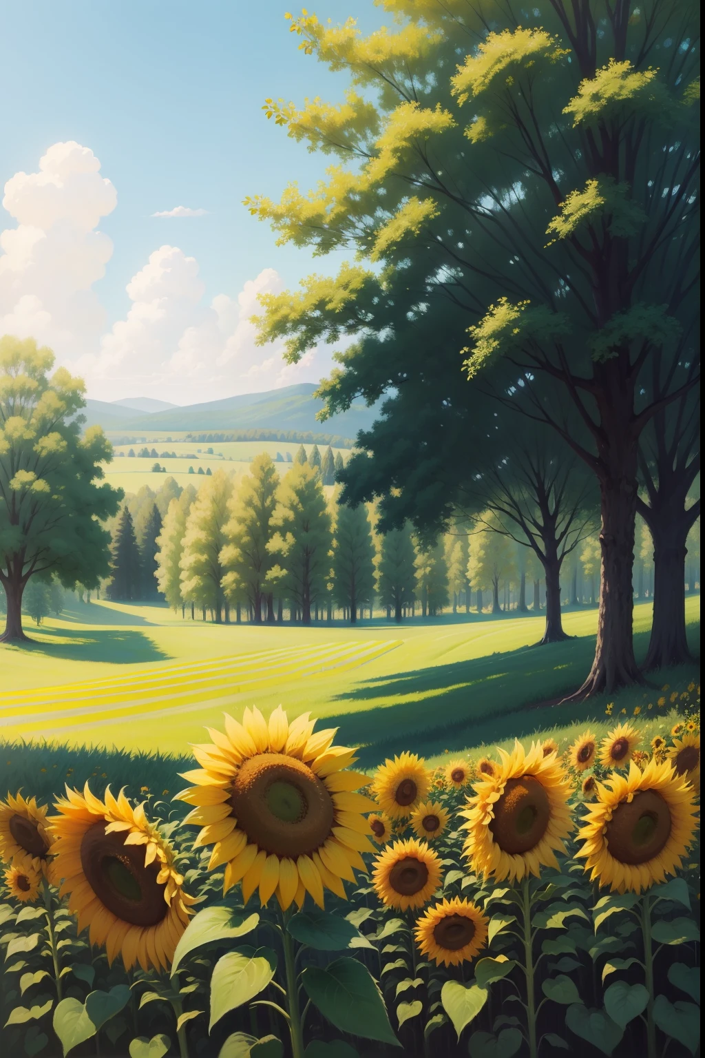 A painting of a summertime landscape, green trees, green grass, sunflowers, daytime light.