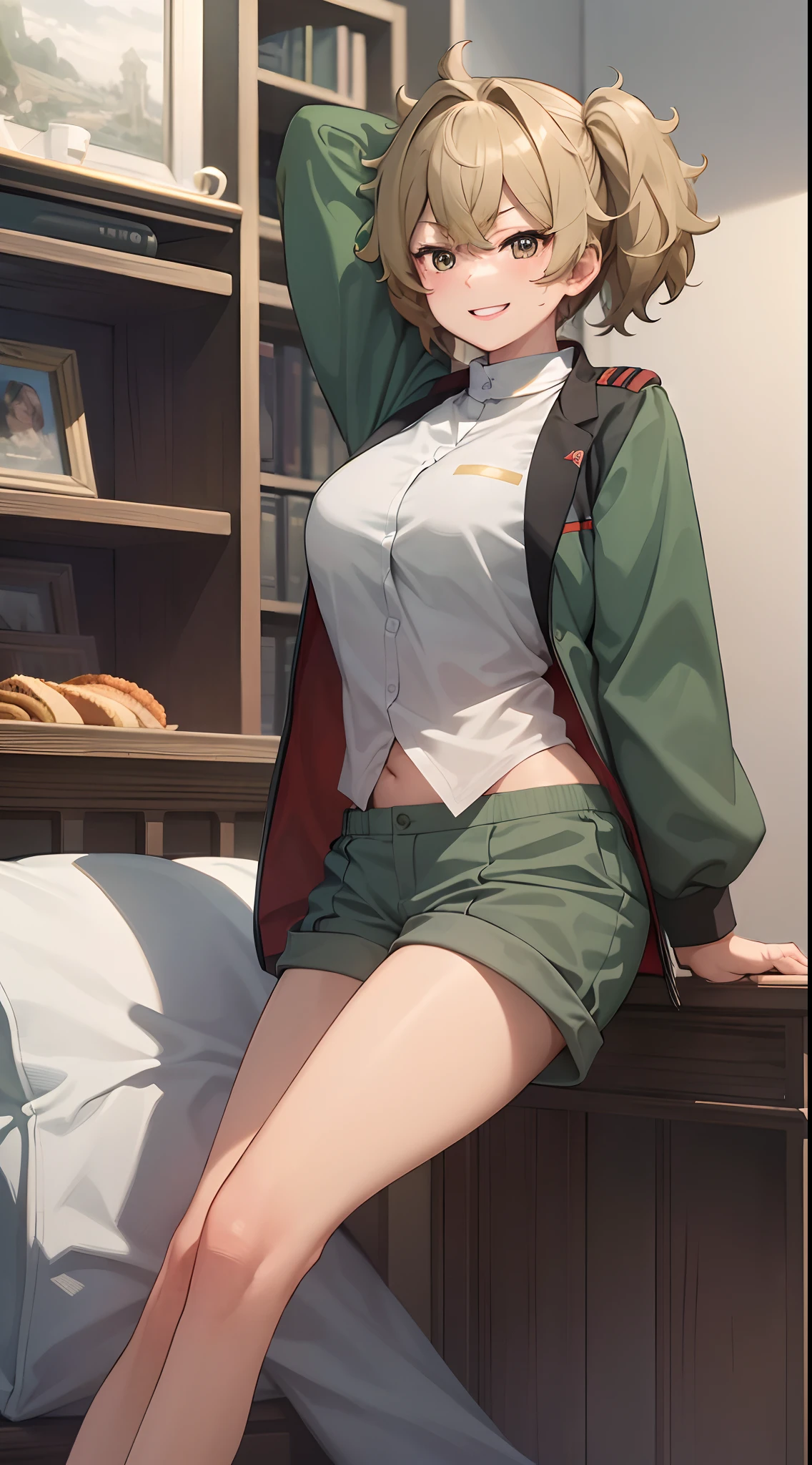 masterpiece, best quality, absurdres,1 girl, uniform, green short pants, blond hair, smile,