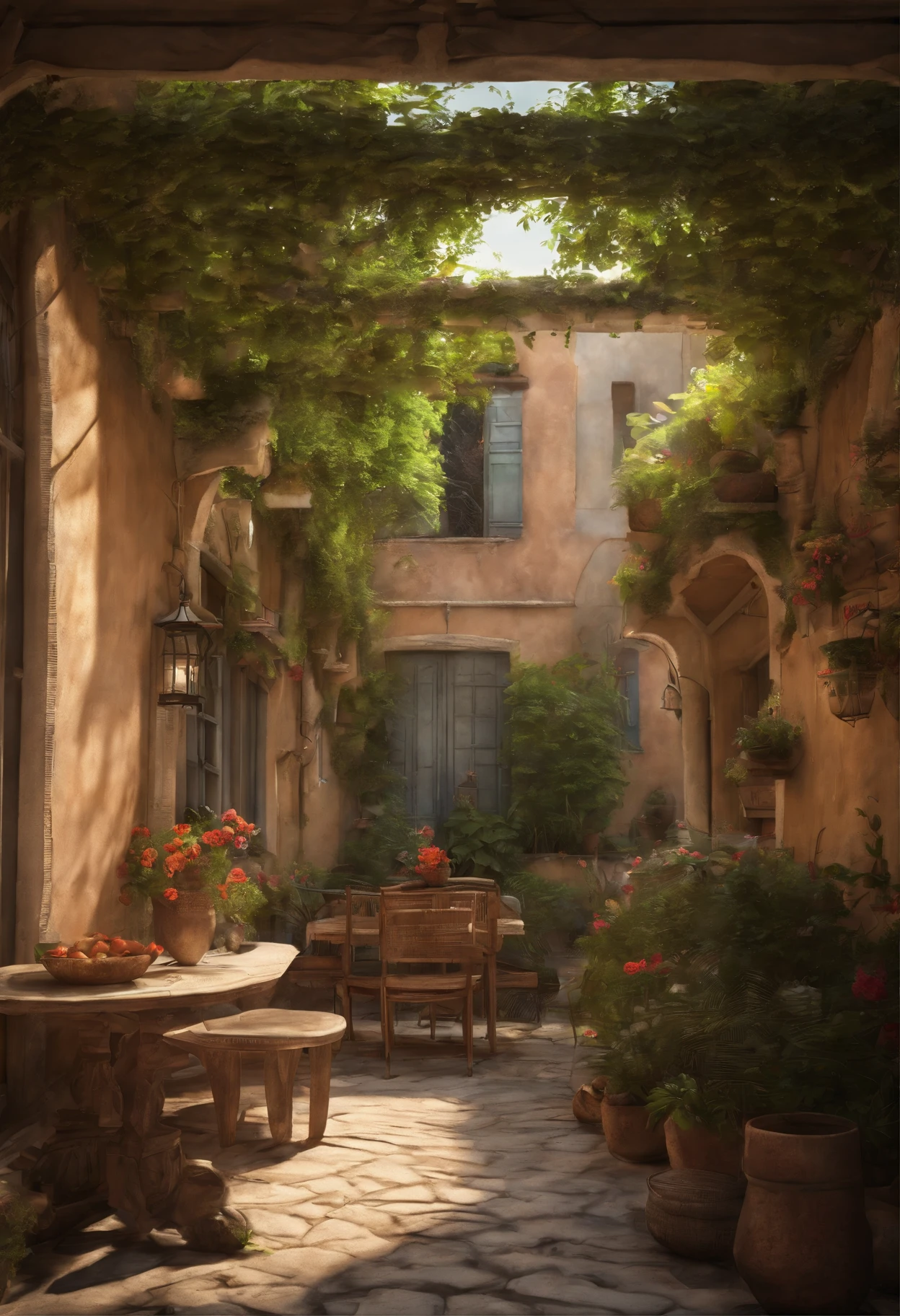 painting of a courtyard with a table and chairs and a bench, anime background art, relaxing concept art, anime scenery concept art, immensely detailed scene, a beautiful artwork illustration, detailed scenery —width 672, studio ghibli environment, highly detailed scene, environment design illustration, beautiful anime scene, ghibli studio style, anime scenery, detailed soft painting, environment painting