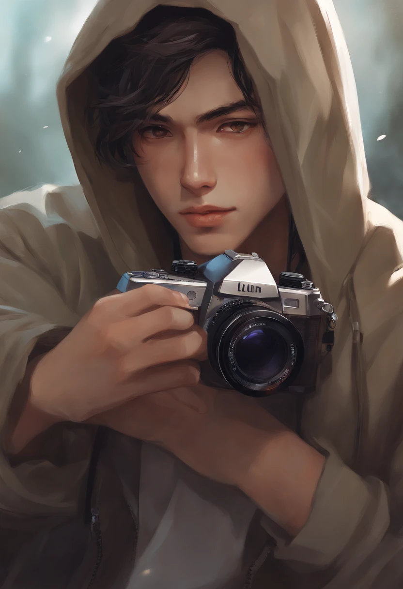 a close up of a person wearing a hoodie and a camera, a character portrait by Yang J, trending on pixiv, realism, high quality anime artstyle, artwork in the style of guweiz, anime style character, male anime style, high quality fanart, male anime character, anime boy, trending on artstation pixiv, g liulian art style, brown eyes