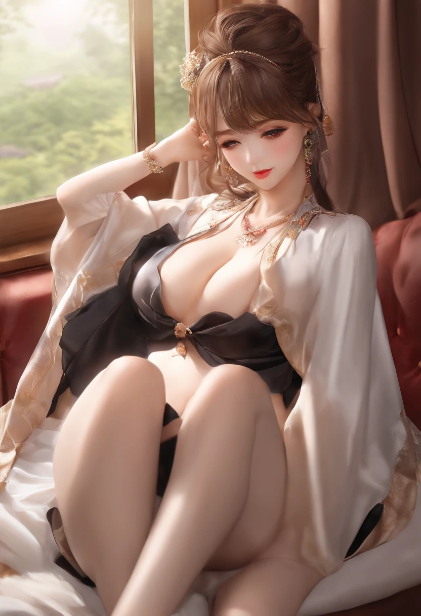 (top-quality、8k、masterpiece:1.3))、Beautuful Women、huge tit:1.3、Slender abs:1.1、Brown Hair Ponytail、(Bed sleep、open one's legs:1.2)、hyperdetailed face、very detailed lips、A detailed eye、二重まぶた、open one's legs、teats,Pubic hair, penis in vagina,light skinned,big areolae,having sex