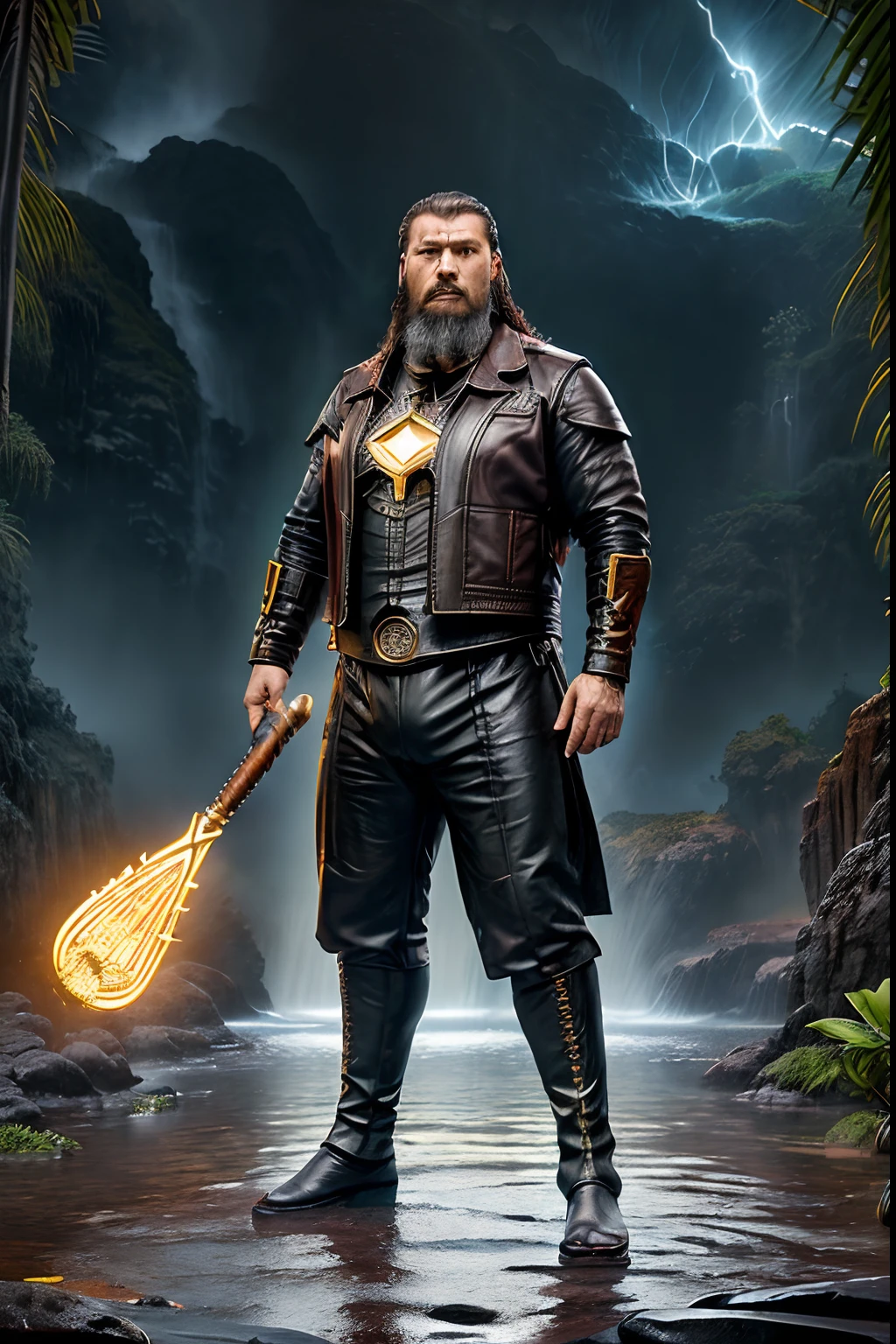 guttoepic2, (Professional 3D rendering:1.3) de (Realistic:1.3) Foto de arte mais bonita do mundo,Features soft, bright male heroes, ((Epic hero fantasy rough muscular man wet hero angry look long hair short beard WITH CROWN ON HEAD and fierce expression in dynamic pose, fantastic location, majestoso ambiente desordenado)), corpo inteiro 8k unidade render, action shot, poros da pele, very dark lighting, sombreamento pesado, circunstanciado, Rosto detalhado, (vibrante, fotogrdeia realista, Realistic, Dramatic, Escuro, foco nítido, 8k), (Old leather clothes damaged by bad weather:1.4), ((((Use peles)))), (intrincado:1.4), decadente, (altamente detalhado:1.4), pintura digital, rendering by octane, art stations, Conceito-Arte, liso, foco nítido, illustration, germe da arte, (Loish:0.23), Wlop Ilya Kuvshinov, e Greg Rutkowski e Alphonse Mucha Gracias, (global ilumination, studiolight, Light Volumetric), chuva forte, floating particles, patife, fantasia, Onze, corpo inteiroesbian, ((Fundo escuro e antigo da cidade:1.3)),CGSesociedade,art stations
