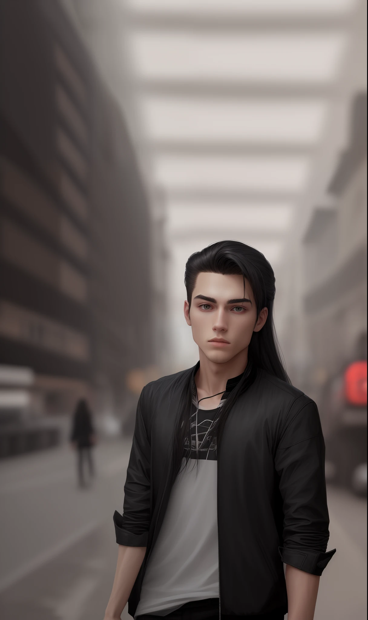 Backround change, long hair, black jacket