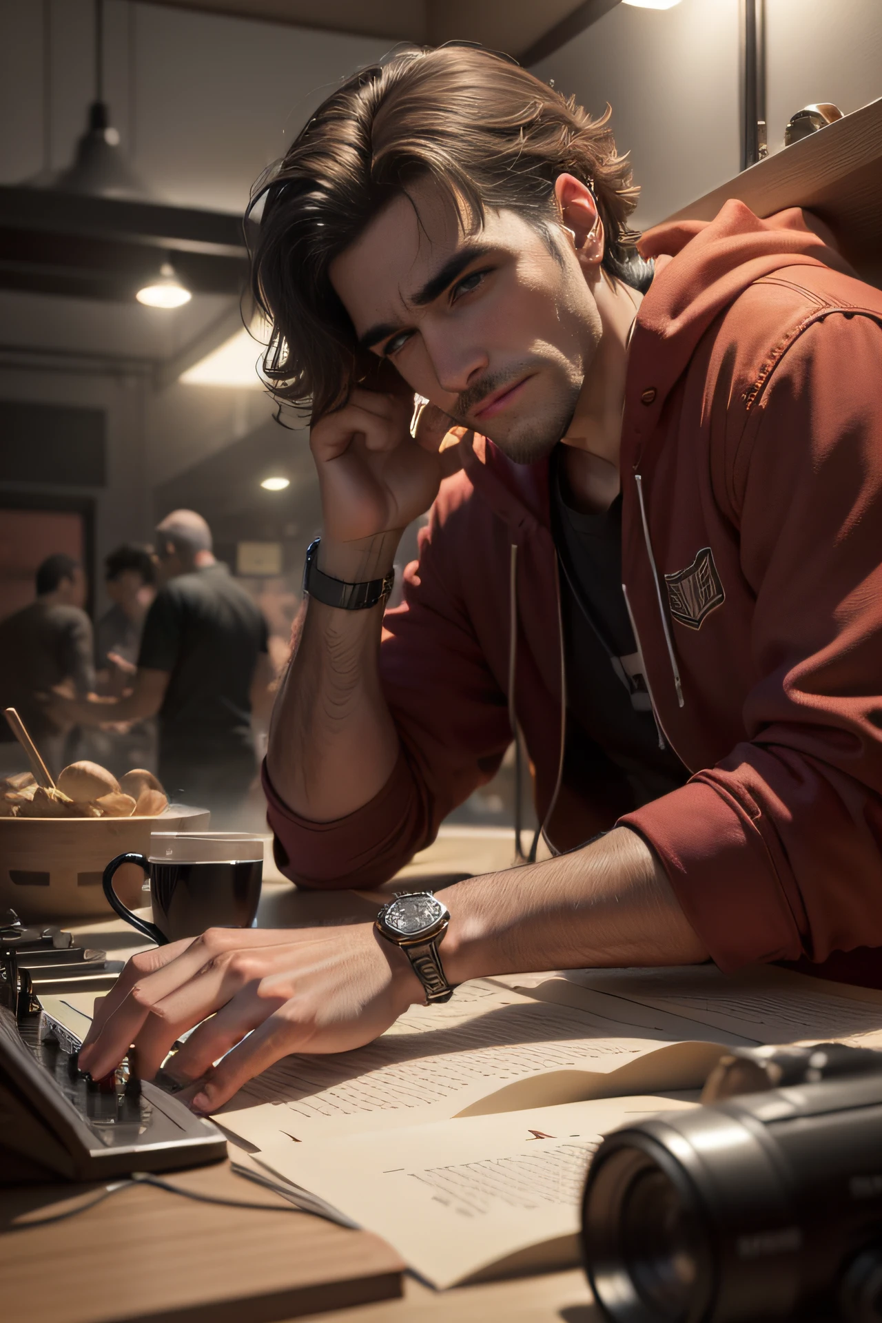 (melhor qualidade,4k,8k,Alto,master part:1.2),ultra-detalhado,(Realistic,fotorrealista,photo-realistic:1.37),homem sentado em sua cadeira,rosto jovem,rosto bonito,idade de 25 anos,Retro style,mal iluminado,cores vibrantes,pinceladas expressivas,poltrona de couro,playing jazz music in the background