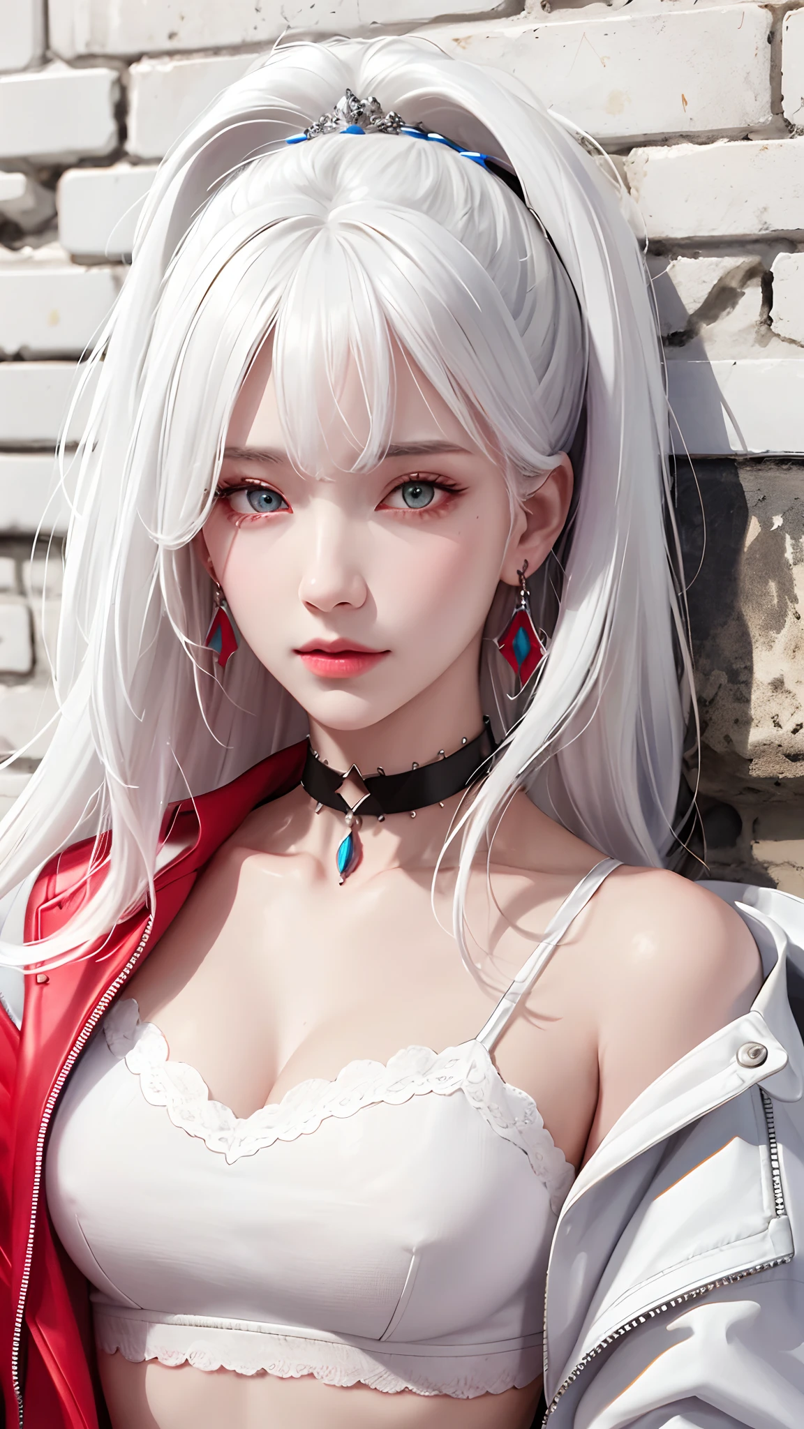 (masterpiece, best quality, 1girl, solo, intricate details, chromatic aberration), realistic, ((medium breath)),long hair, white hair, red head ornament, white highlights, hair over one eye, detailed eyes, earrings, sharp eyes, choker, neon shirt, open jacket, crop top, (symmetry eyes),(perfect symmetrical body),against wall, brick wall, graffiti, dim lighting, alley, look at viewer,