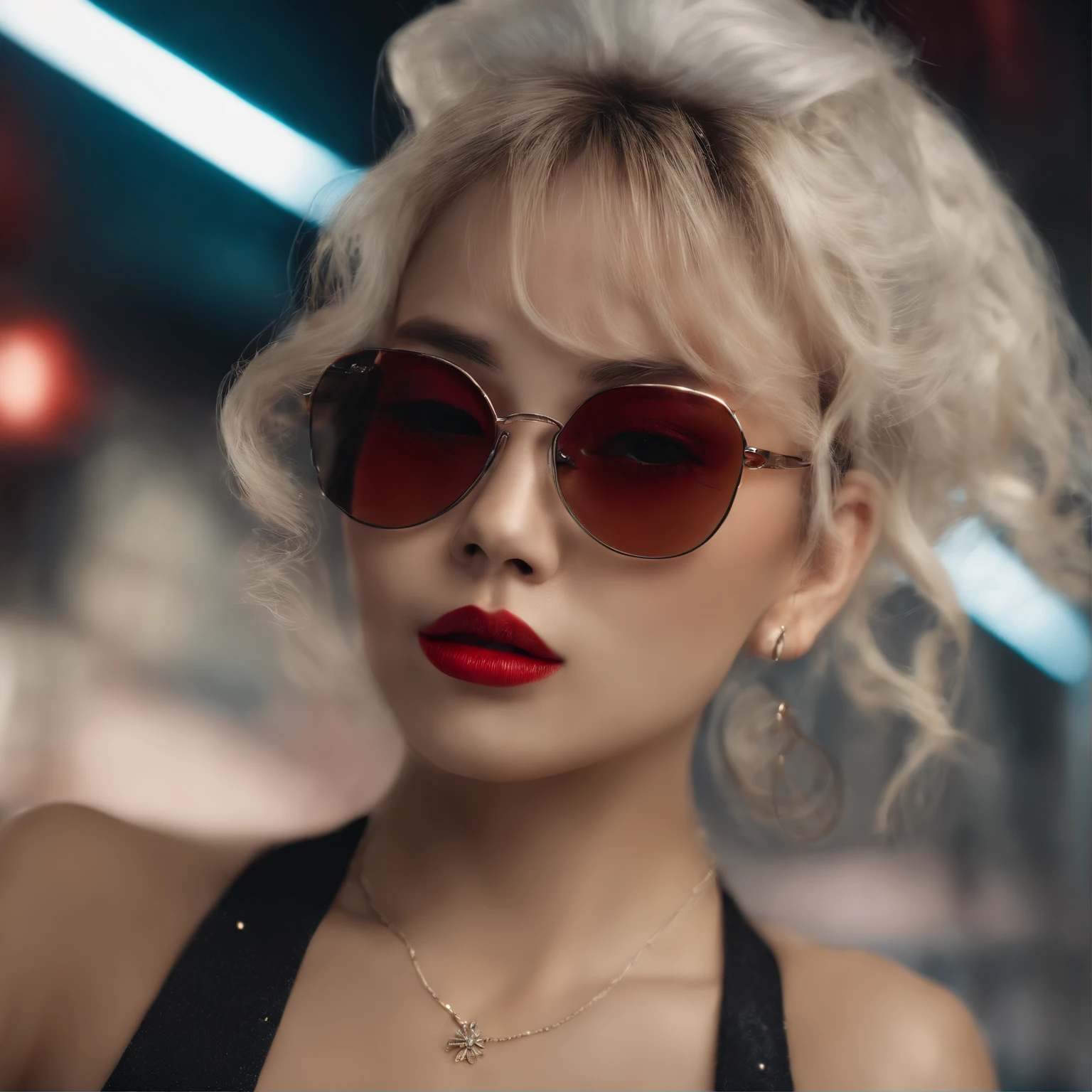 Beautiful blonde Asian girl sitting in a restaurant at night, Visible from the window, Perfect Face, sunglasses, Smoking white Taylormade cigarettes, Neon Black, (Backlit: 1.1), Hard Shadows, masterpiece, Highest quality, Complex, Model shooting style, Vintage, Film Grain, Incomplete details