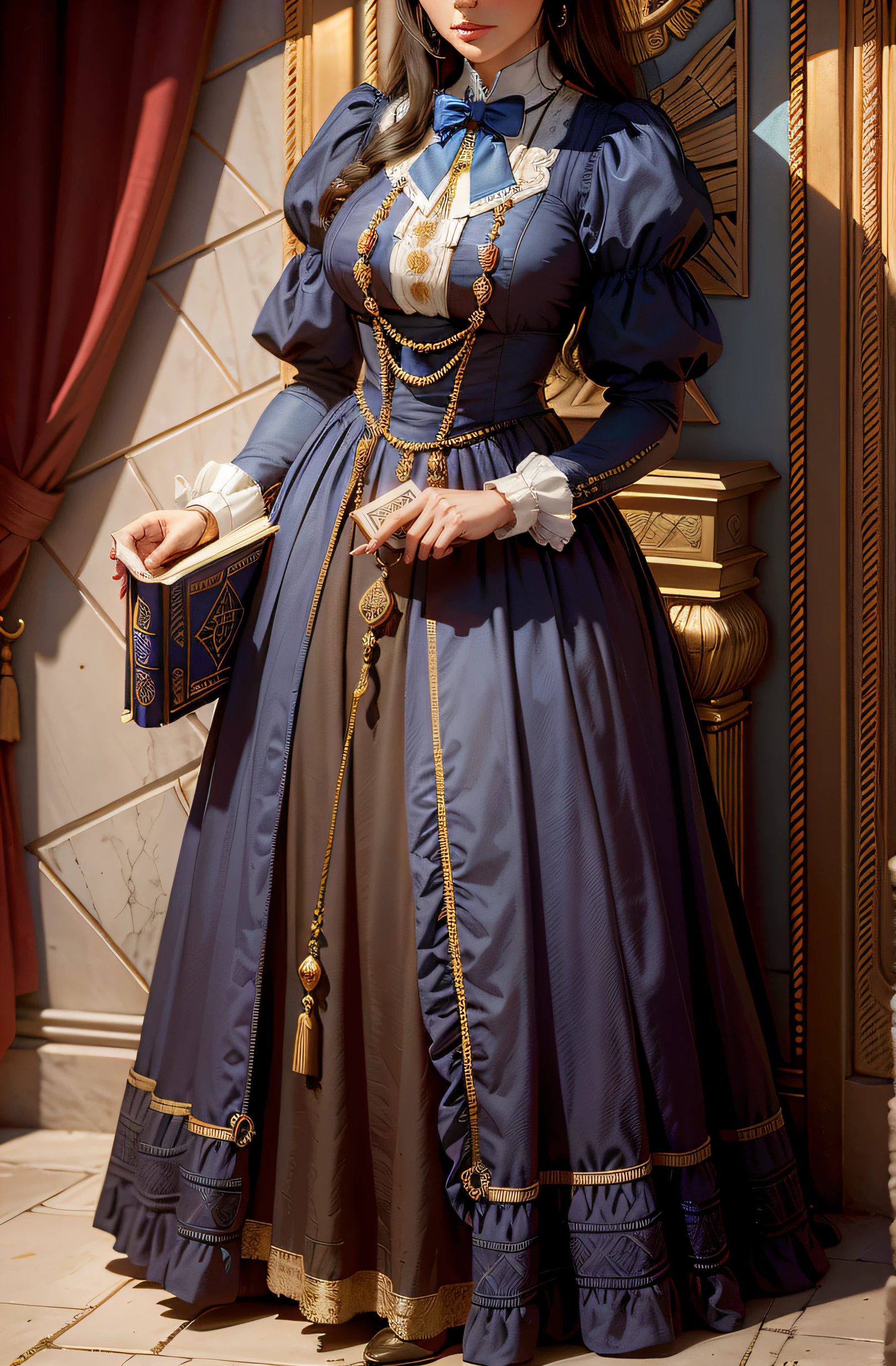 19th century woman, vestido azul, symbols of Freemasonry, Mason book in hand, Masonic Temple