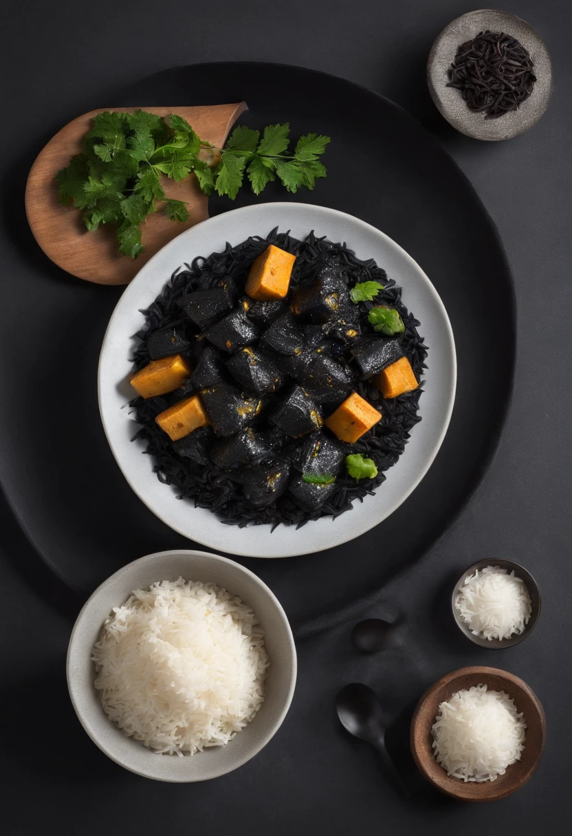black curry and rice, white powder cheese