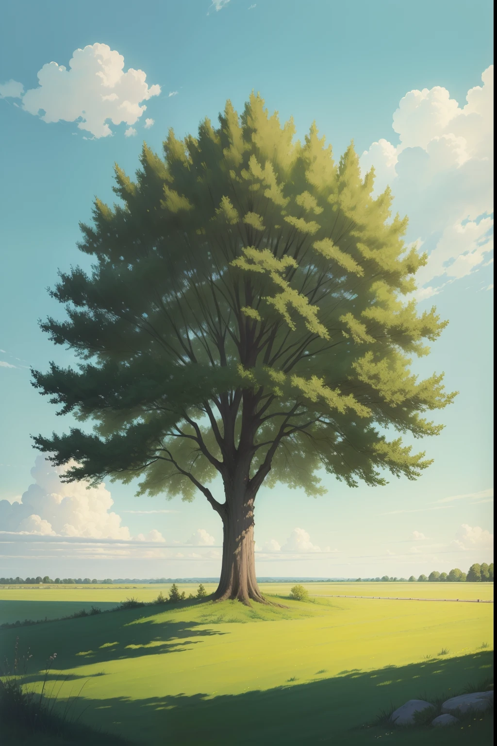 A painting of a summertime landscape, green grass, bushes, a single solitary elm tree, tall trunk, fanning out at top, daytime light.