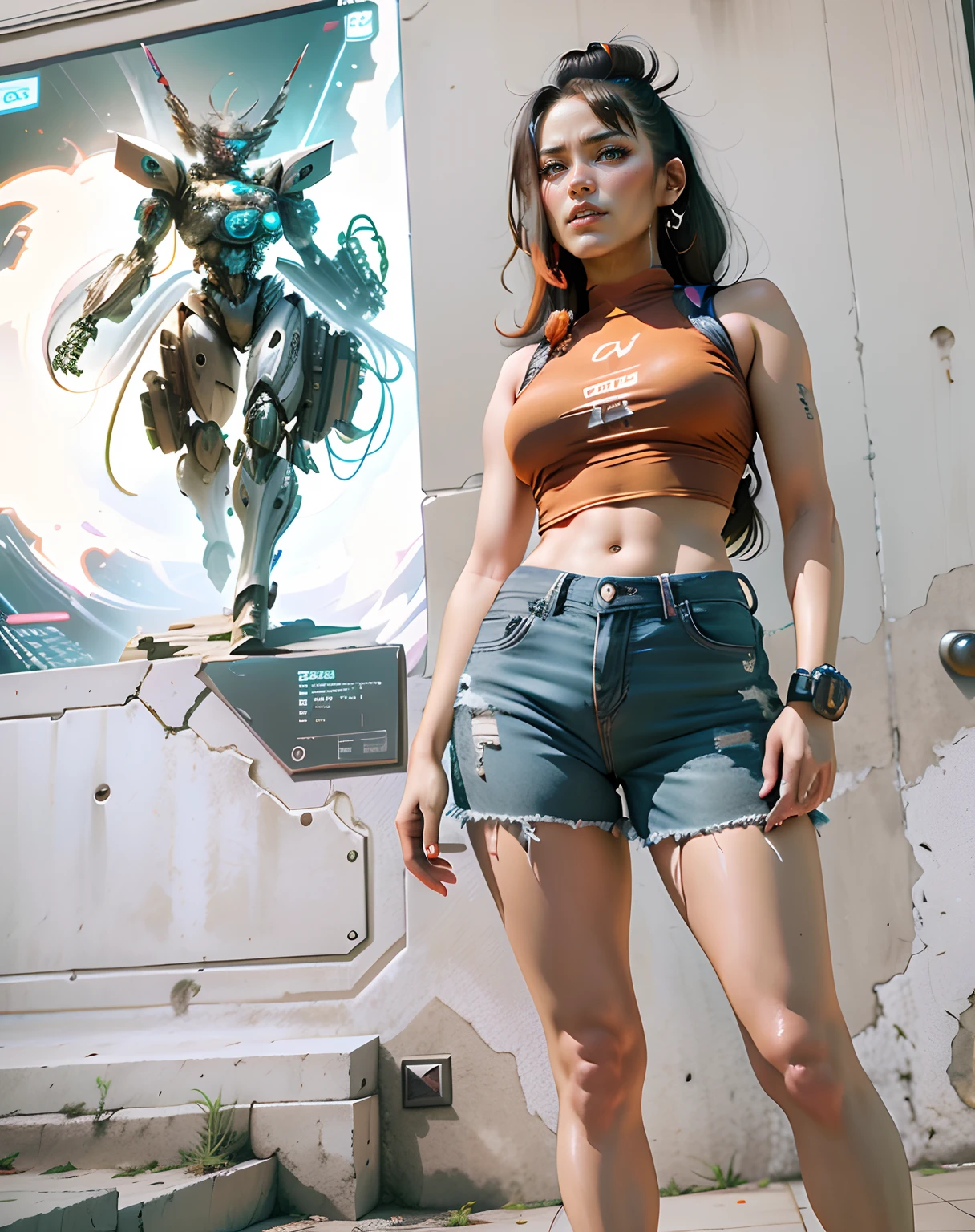 Mecha combined with flesh sexy asian woman, Cyberpunk, corpo inteiro, Standing, penteado cabelo comprido, sorrir, cara bonita