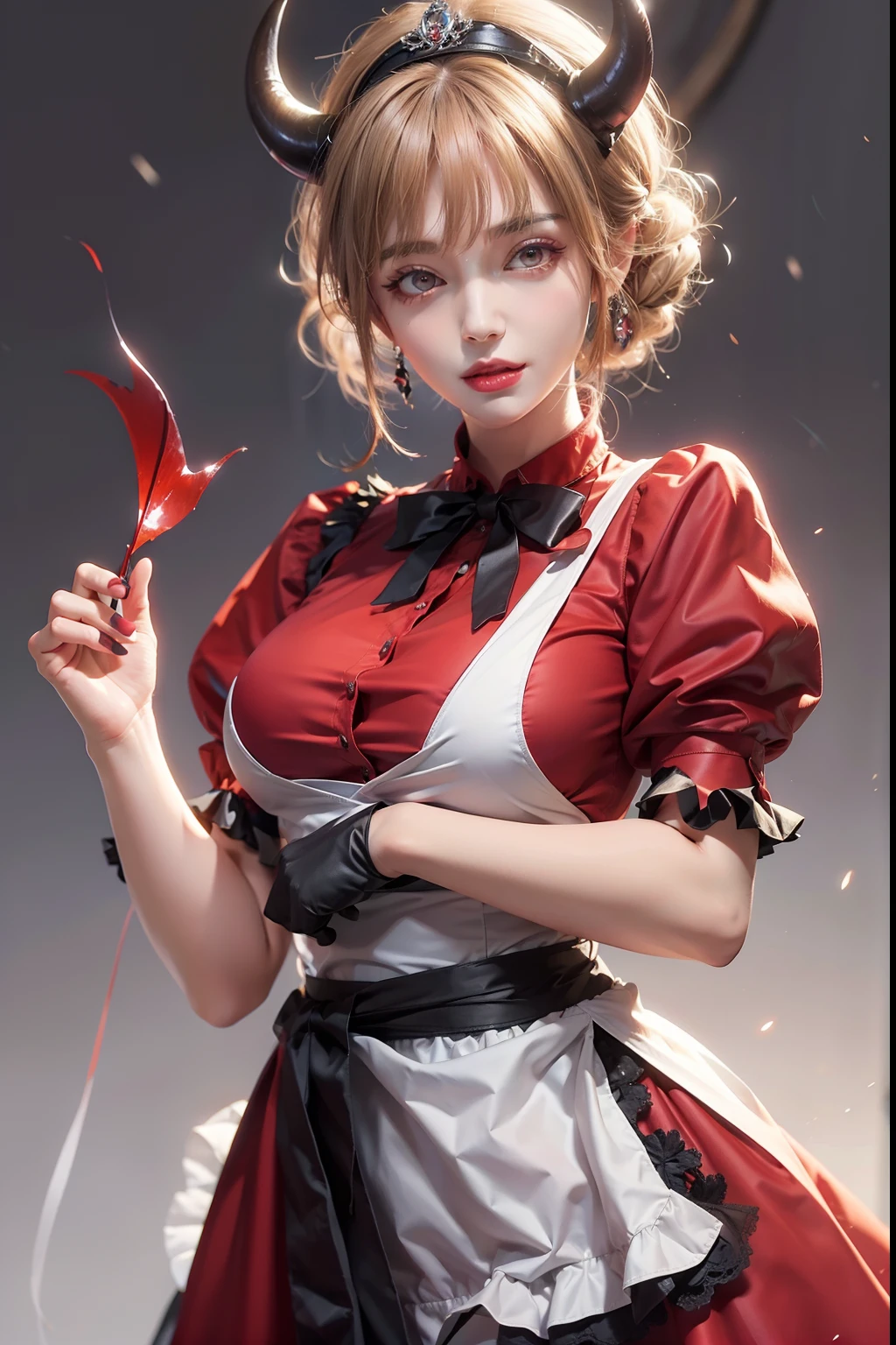 (masterpiece), (best quality), 8k resolution, 1girl, stunning beauty, mature female, 30yo, sexy, maid costume, red costume, devil tail, devil horns