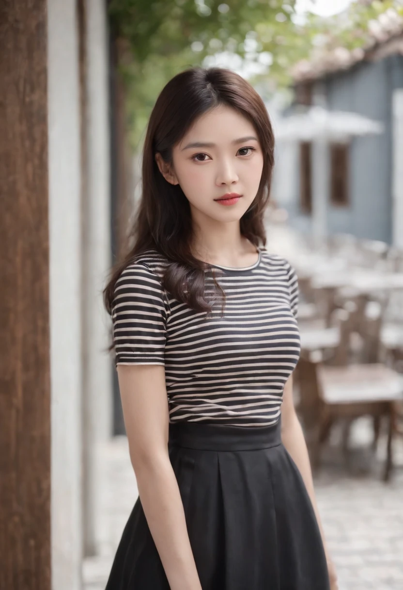 A Japanese Lady、light skinned, Women around 19 years old, Natural black hair, characteristic dark brown eyes,,,,, Wearing a striped jersey, slender and graceful,,Beautiful,Ultra Sharp Focus, realistic shot, Athletic wear with vertical stripes、a black skirt、Tetradic color、
(Restaurant decorated with flowers, Cafe on the open terrace,Pastel signs、European Way)、top-quality