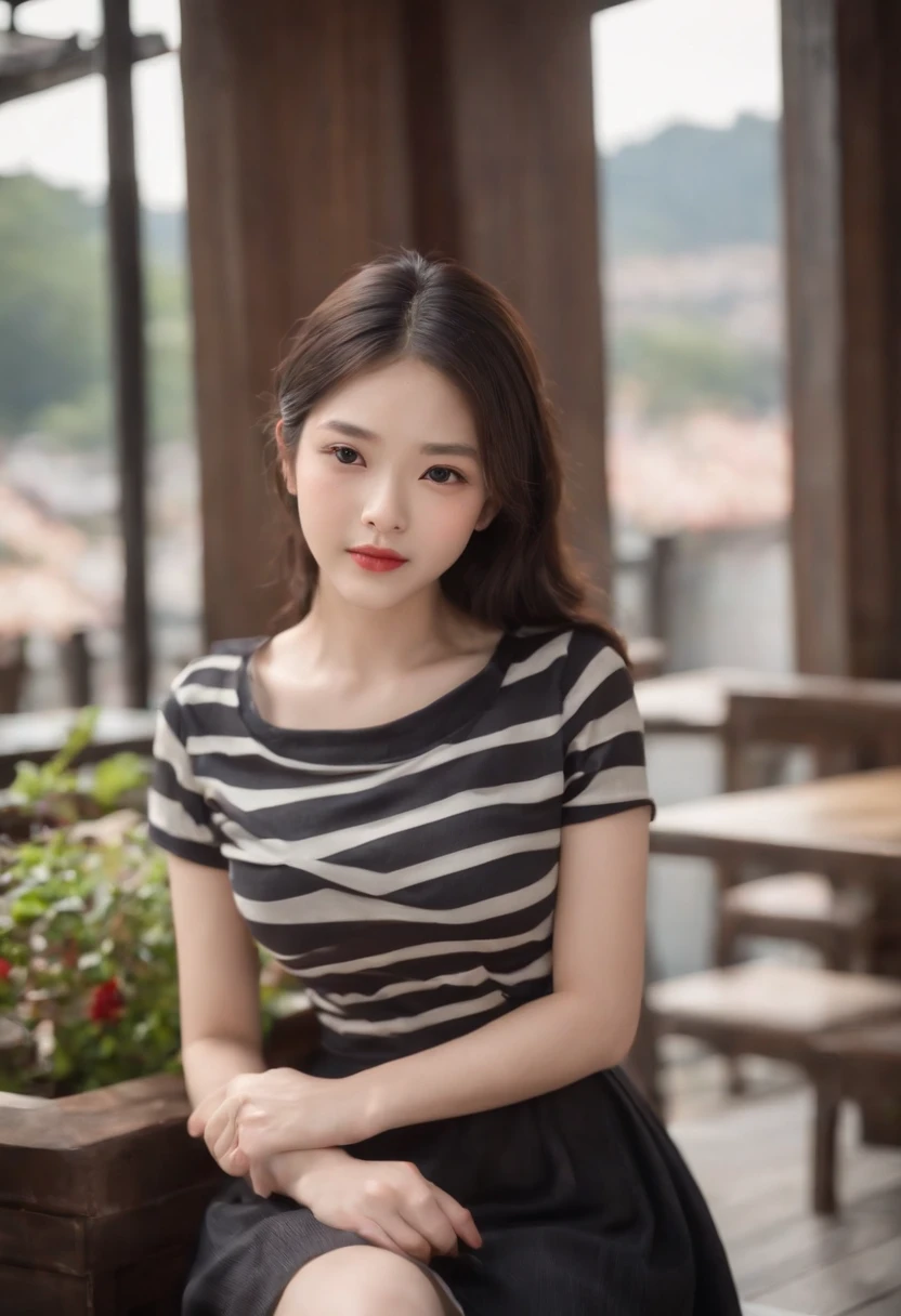 A Japanese Lady、light skinned, Women around 19 years old, Natural black hair, 　characteristic dark brown eyes,,,,, Wearing a striped jersey, slender and graceful,,Beautiful,Ultra Sharp Focus, realistic shot, Athletic wear with vertical stripes、a black skirt、Tetradic color、
（Restaurant decorated with flowers, Cafe on the open terrace,Pastel signs、European Way）、top-quality