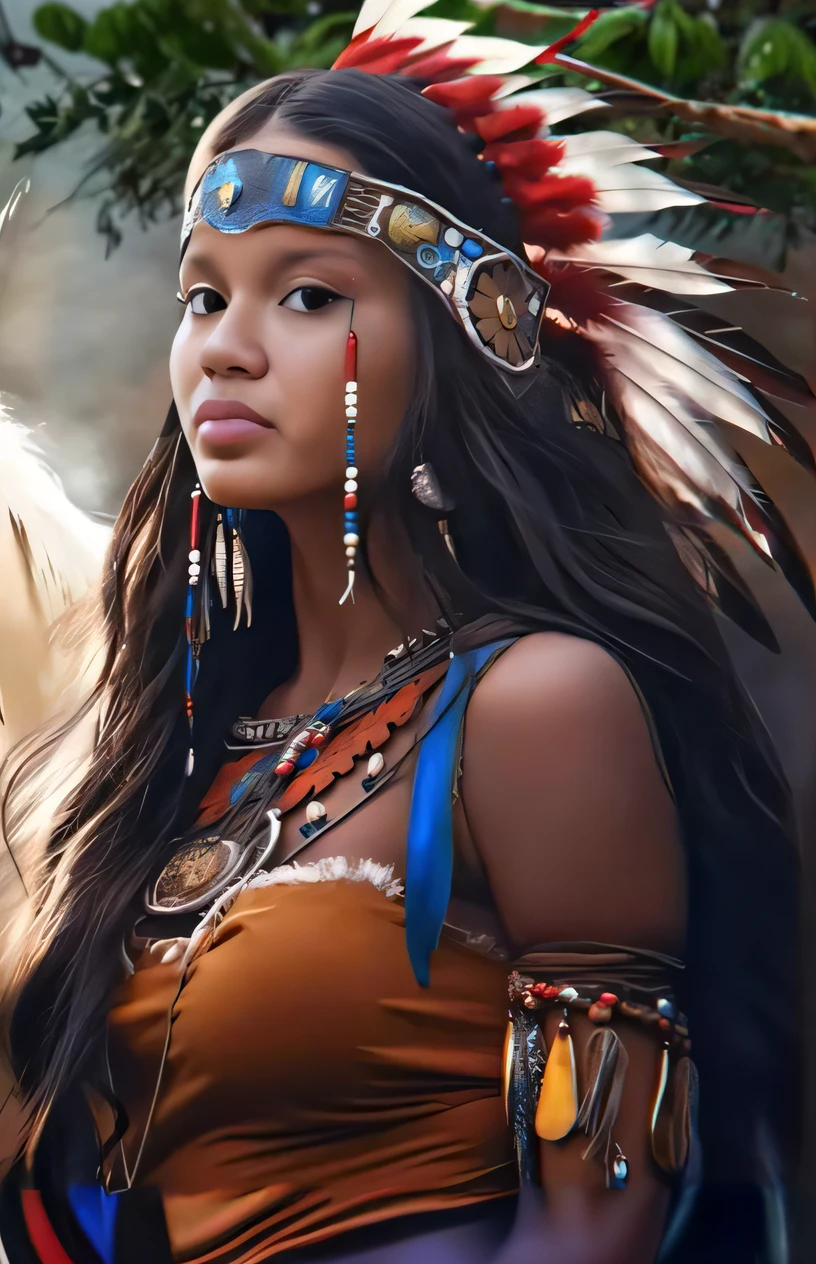 Mulher de Araffe em vestido nativo com cocar de pena e cavalo, Retrato de uma jovem Pocahontas, Nativo americano, Indian girl with brown skin, : native american shamen fantasy, Pocahontas, Retrato da princesa asteca, INDIAN, beautiful young wind spirit, usando uma gargantilha nativa americana, Retrato de Pocahontas, uma bela mulher guerreira